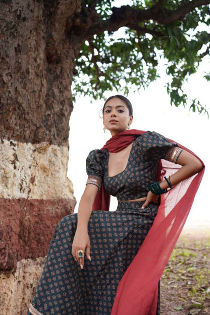 Sage Green Lehenga Set at Kamakhyaa by Hasttvam. This item is CottonFloralFestive WearGreenHandmade by artisans, Natural dyes, Relaxed Fit, Respondible production and Vegan