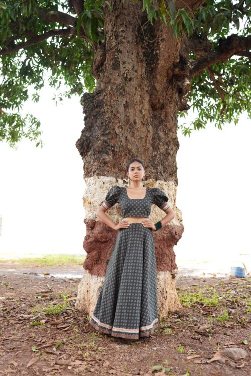 Sage Green Lehenga Set at Kamakhyaa by Hasttvam. This item is CottonFloralFestive WearGreenHandmade by artisans, Natural dyes, Relaxed Fit, Respondible production and Vegan