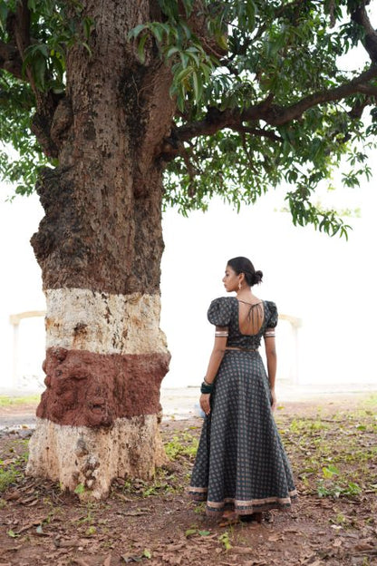 Sage Green Lehenga Set at Kamakhyaa by Hasttvam. This item is CottonFloralFestive WearGreenHandmade by artisans, Natural dyes, Relaxed Fit, Respondible production and Vegan