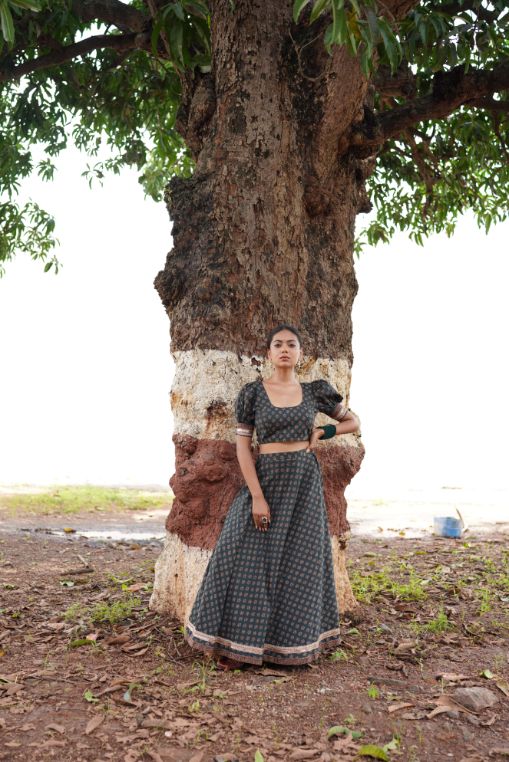 Sage Green Lehenga Set at Kamakhyaa by Hasttvam. This item is CottonFloralFestive WearGreenHandmade by artisans, Natural dyes, Relaxed Fit, Respondible production and Vegan