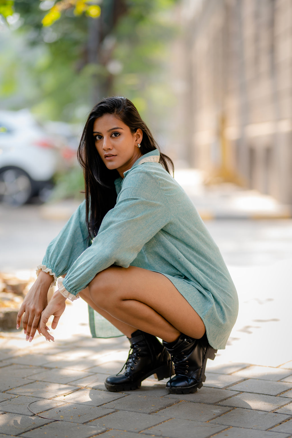 Sage Green Ruffled Sleeve Cotton Shirt at Kamakhyaa by Krushnachuda. This item is Casual Wear, Green, Handloom Cotton, Natural Dye, Organic, Regular Fit, Shirts, Solids