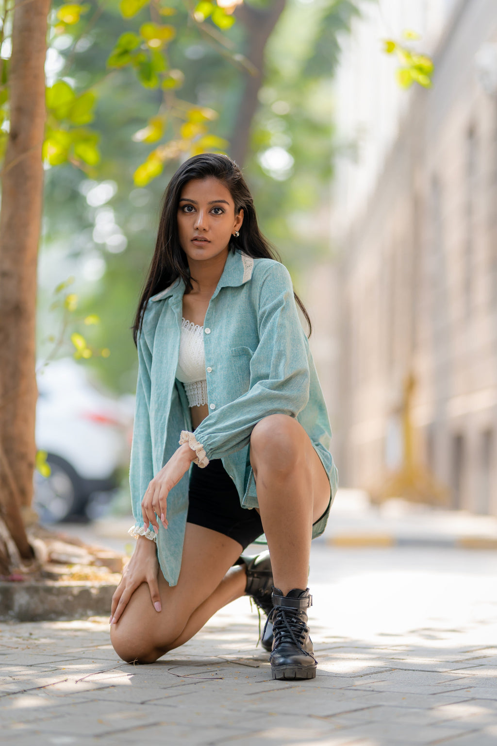 Sage Green Ruffled Sleeve Cotton Shirt at Kamakhyaa by Krushnachuda. This item is Casual Wear, Green, Handloom Cotton, Natural Dye, Organic, Regular Fit, Shirts, Solids