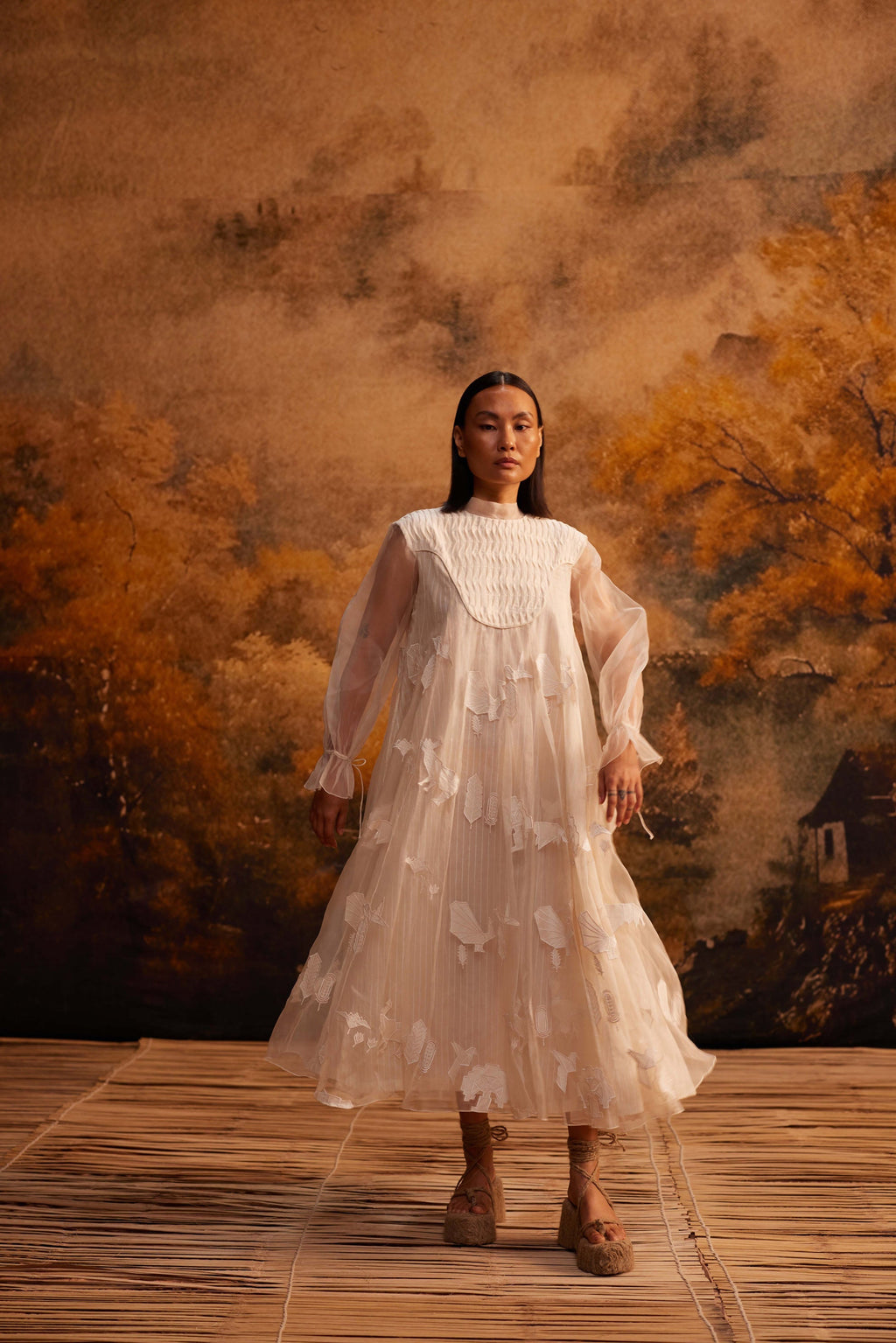 Saku Yoke Dress at Kamakhyaa by Ahmev. This item is Applique Work, Cotton Silk, Dress, Ivory, Maximum Minimum by Ahmev, Relaxed Fit, Silk Organza, Womenswear