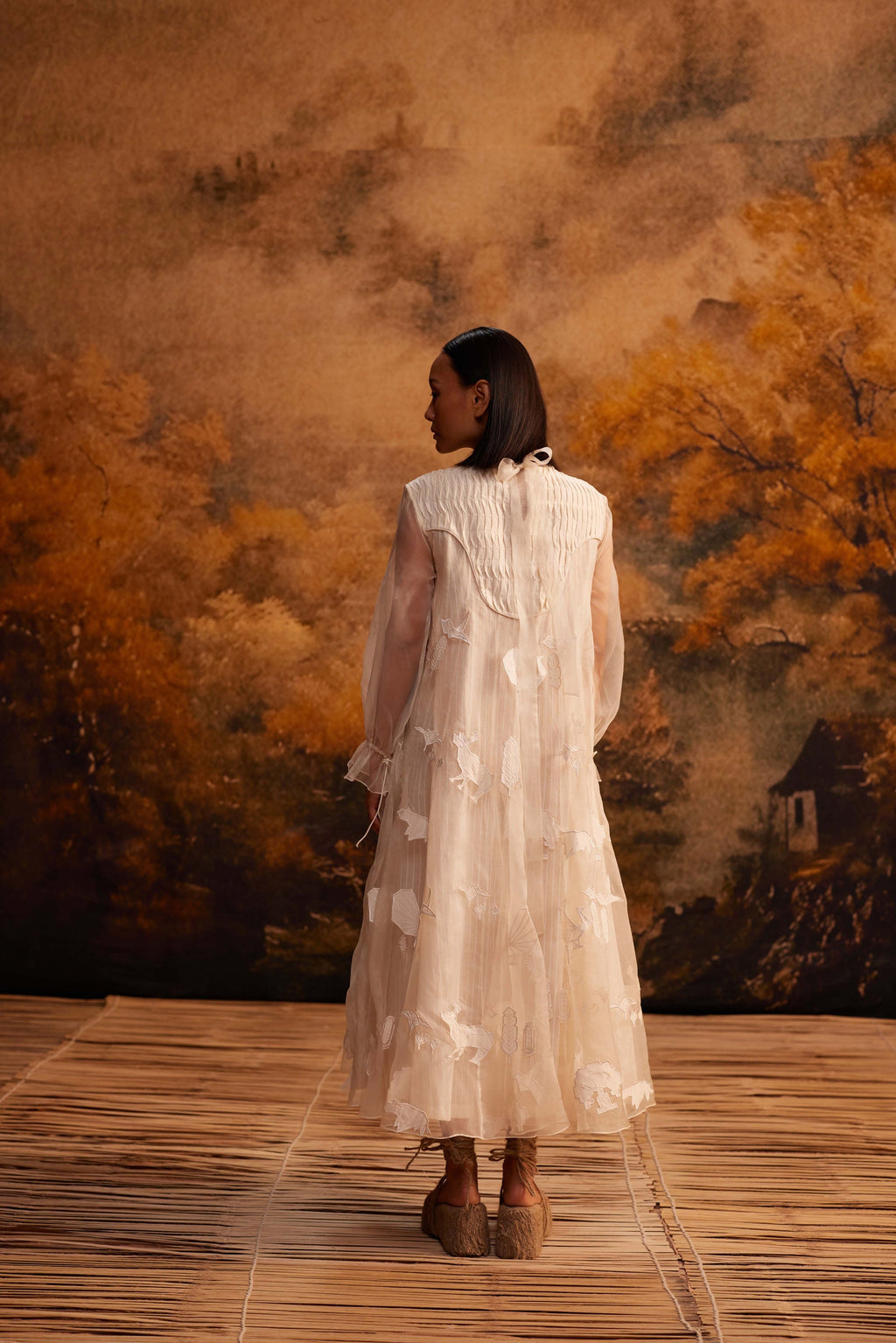 Saku Yoke Dress at Kamakhyaa by Ahmev. This item is Applique Work, Cotton Silk, Dress, Ivory, Maximum Minimum by Ahmev, Relaxed Fit, Silk Organza, Womenswear