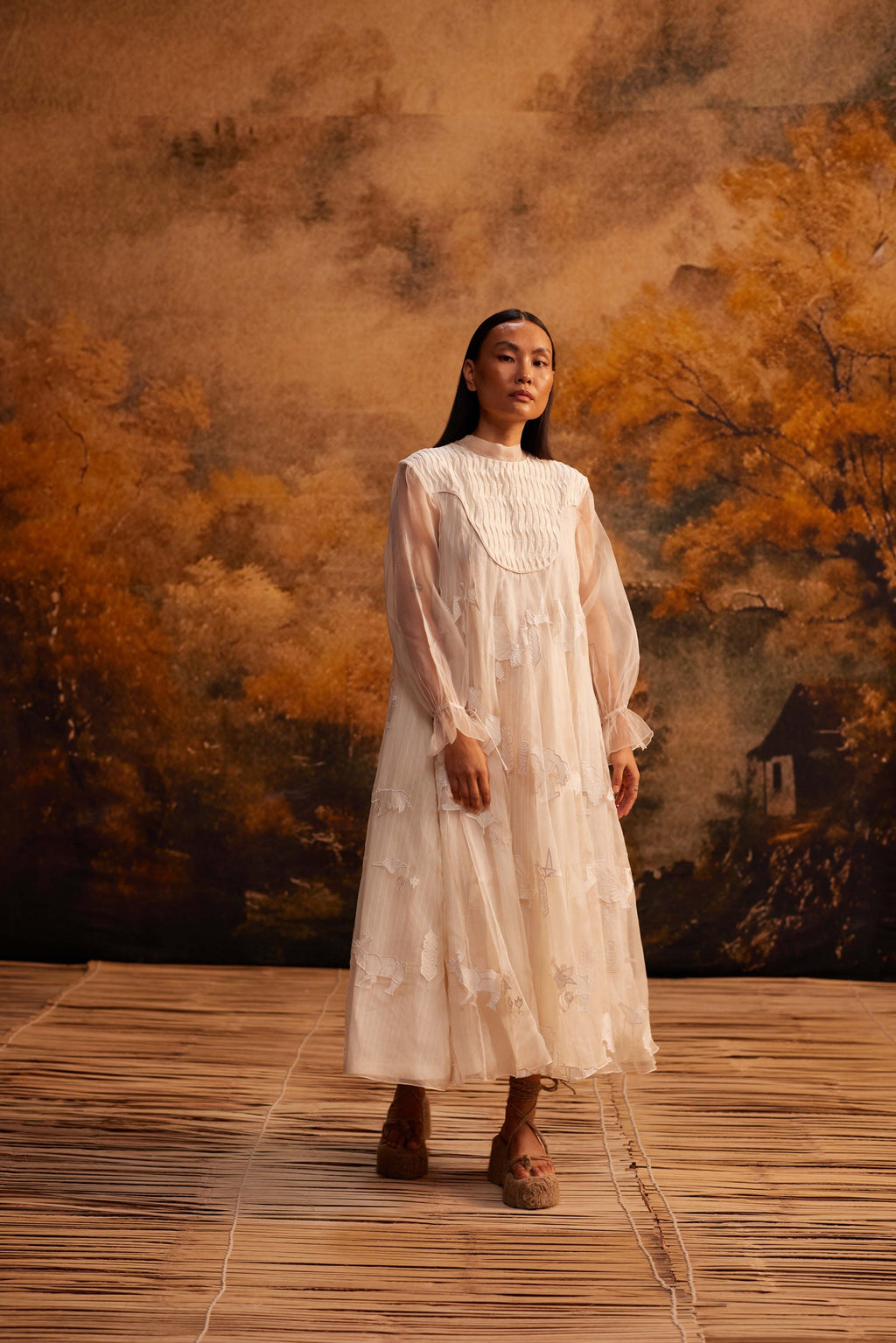 Saku Yoke Dress at Kamakhyaa by Ahmev. This item is Applique Work, Cotton Silk, Dress, Ivory, Maximum Minimum by Ahmev, Relaxed Fit, Silk Organza, Womenswear