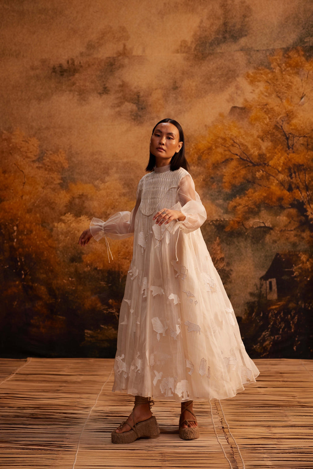 Saku Yoke Dress at Kamakhyaa by Ahmev. This item is Applique Work, Cotton Silk, Dress, Ivory, Maximum Minimum by Ahmev, Relaxed Fit, Silk Organza, Womenswear