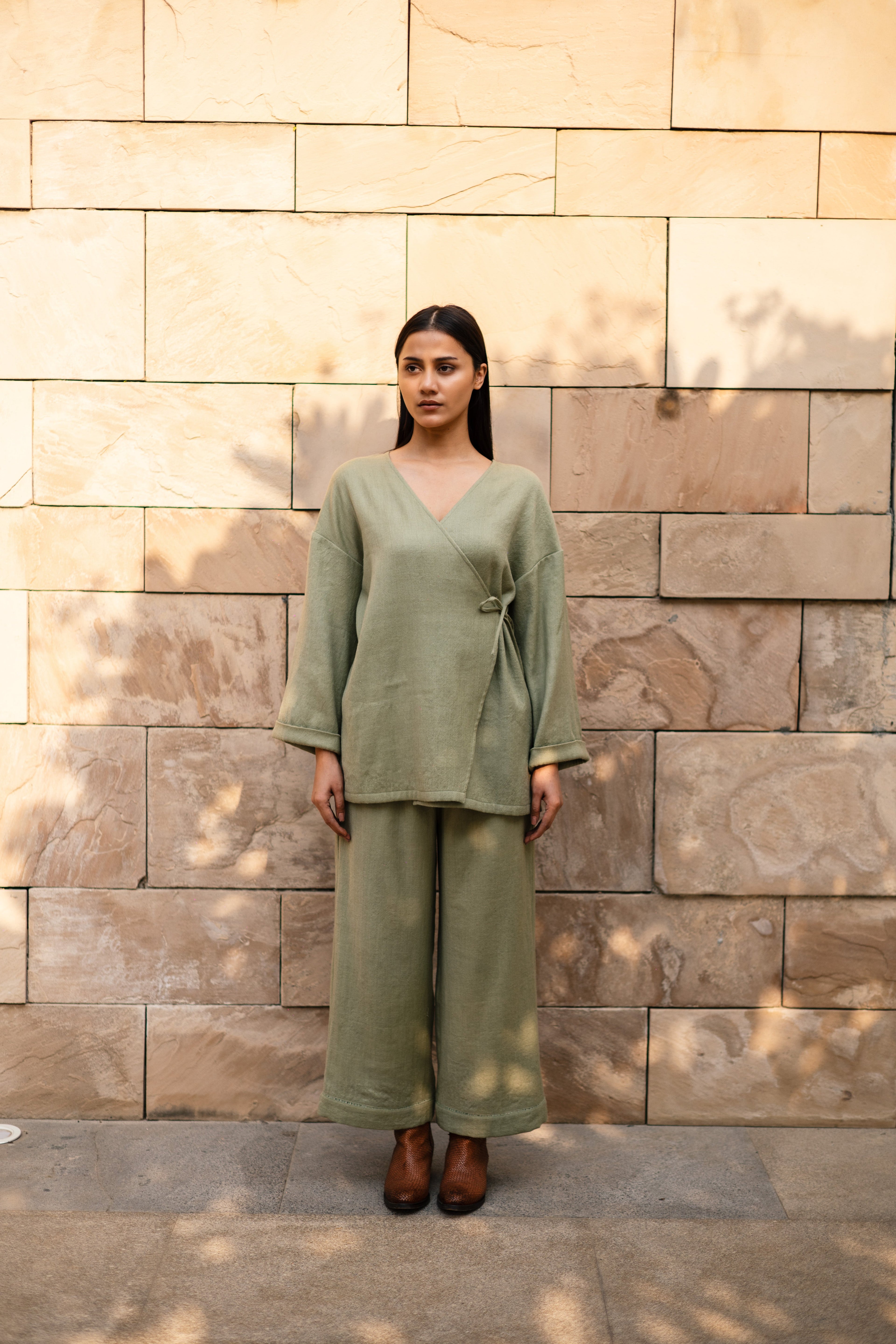Sap Green Merino Wool Pansy Set at Kamakhyaa by Raas. This item is Green, Merino Wool, Regular Fit, Uru by Raas, Winter WearOffice Wear Co-ords, Woven