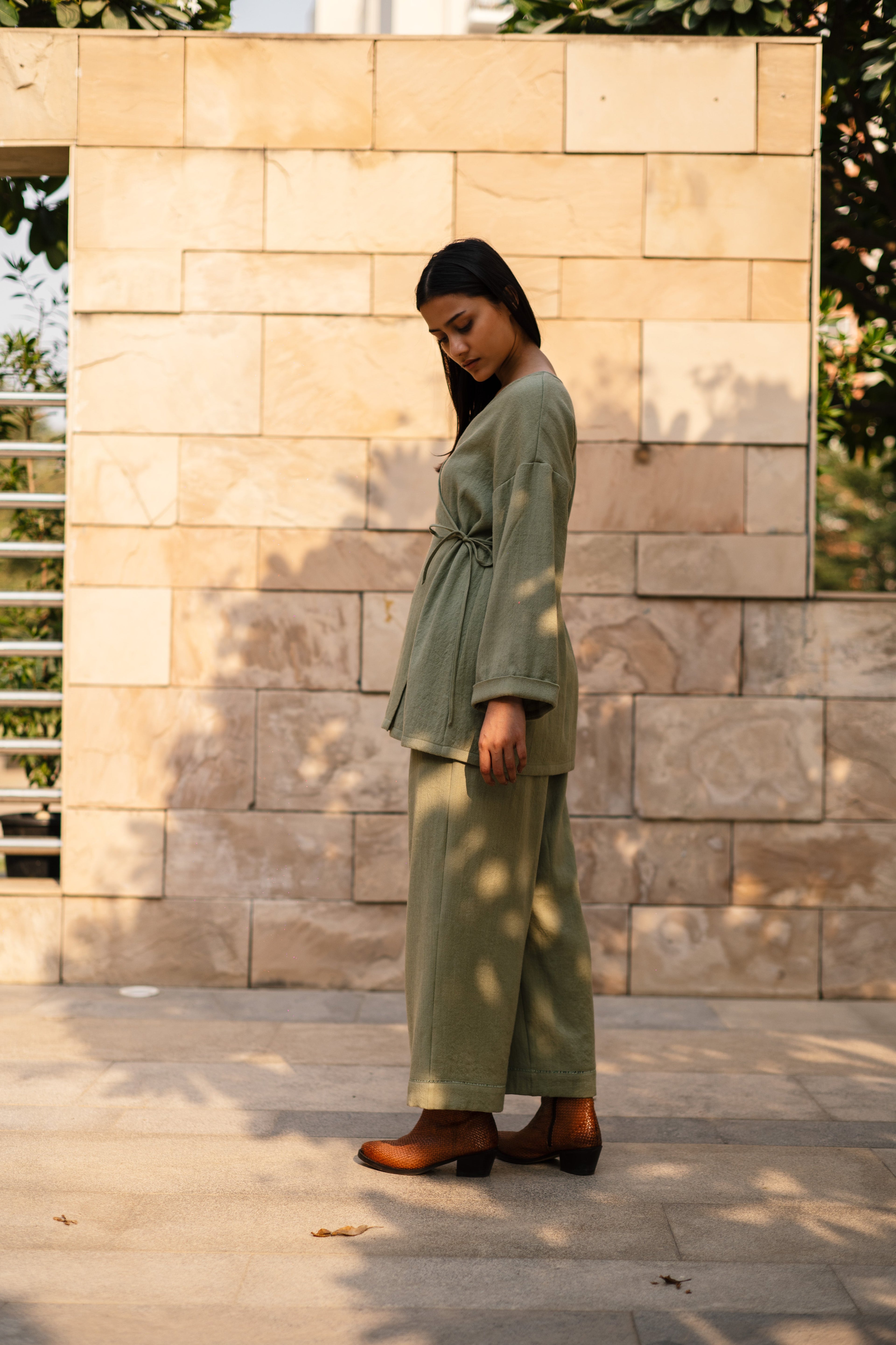 Sap Green Merino Wool Pansy Set at Kamakhyaa by Raas. This item is Green, Merino Wool, Regular Fit, Uru by Raas, Winter WearOffice Wear Co-ords, Woven