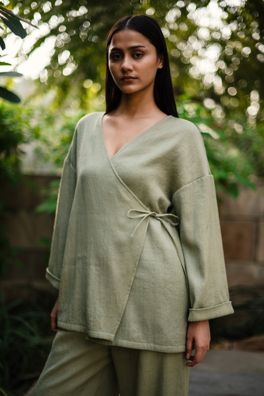 Sap Green Merino Wool Pansy Set at Kamakhyaa by Raas. This item is Green, Merino Wool, Regular Fit, Uru by Raas, Winter WearOffice Wear Co-ords, Woven