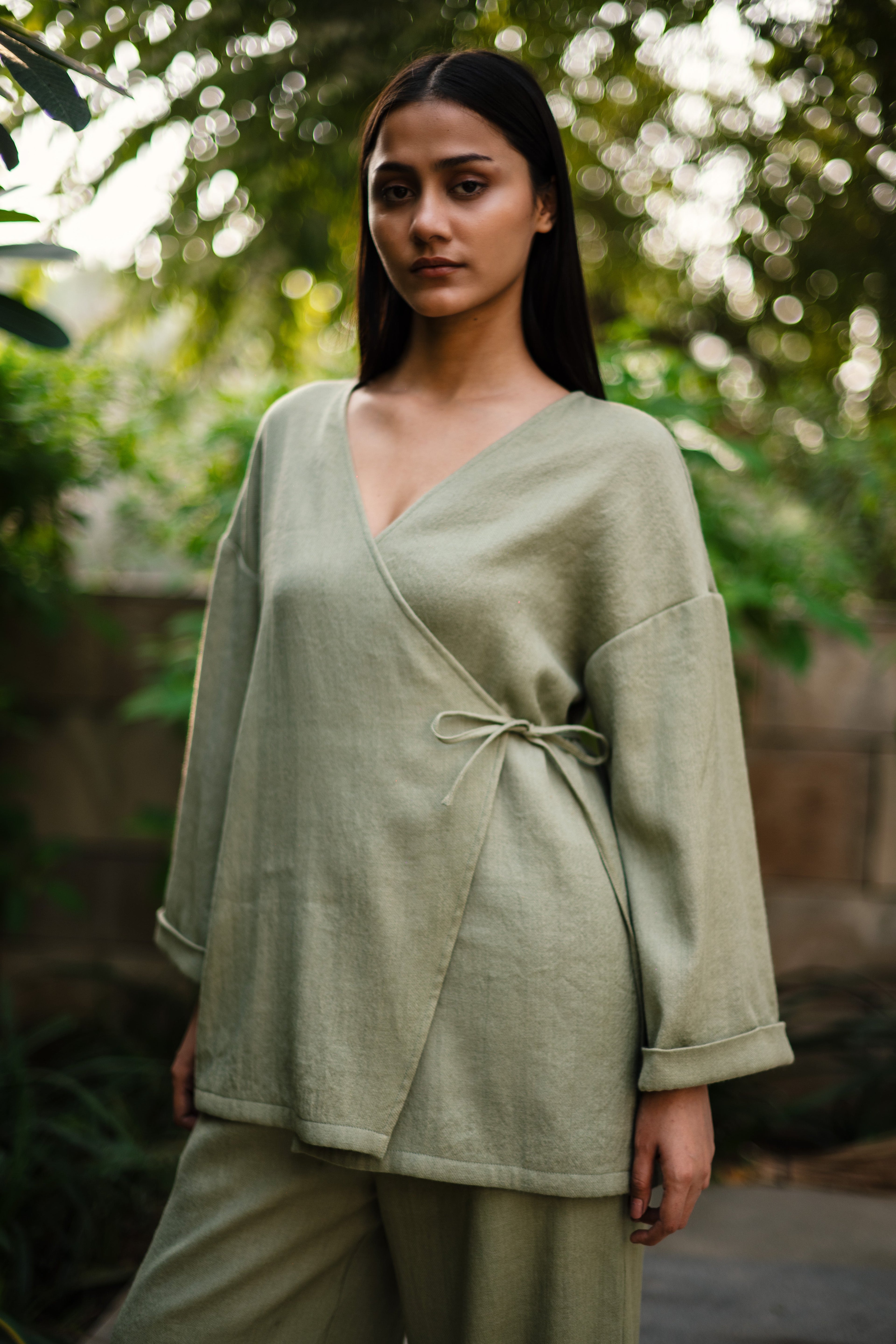 Sap Green Merino Wool Pansy Set at Kamakhyaa by Raas. This item is Green, Merino Wool, Regular Fit, Uru by Raas, Winter WearOffice Wear Co-ords, Woven