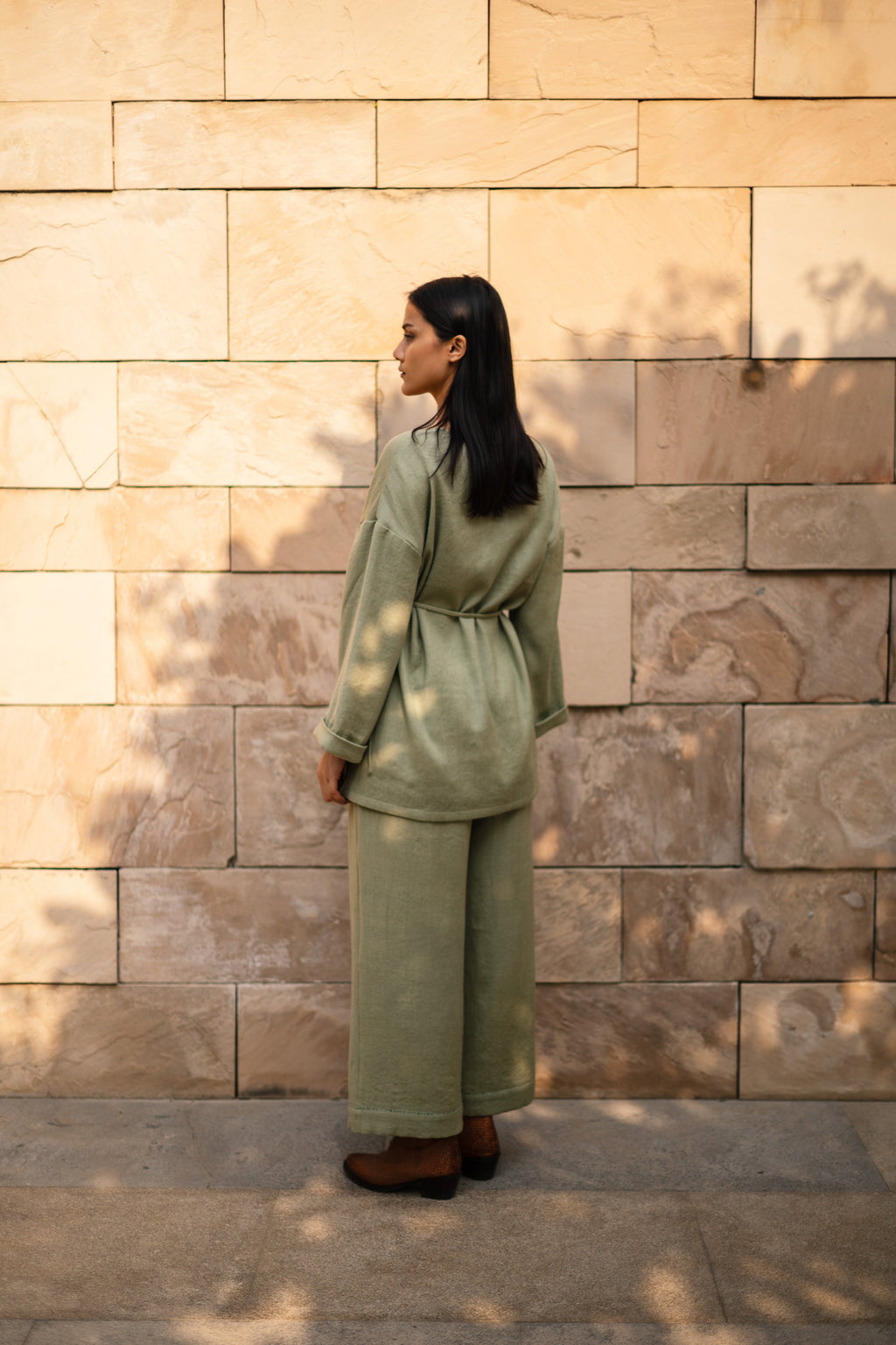 Sap Green Merino Wool Pansy Top at Kamakhyaa by Raas. This item is Green, Merino Wool, Regular Fit, Tunic Tops, Uru by Raas, Winter Wear, Woven