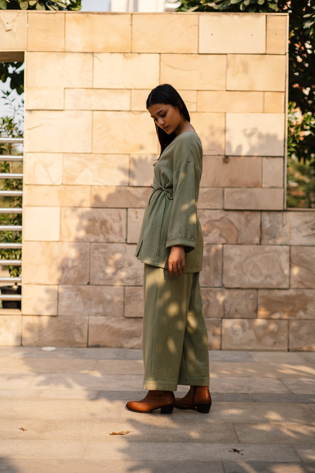 Sap Green Merino Wool Pansy Top at Kamakhyaa by Raas. This item is Green, Merino Wool, Regular Fit, Tunic Tops, Uru by Raas, Winter Wear, Woven