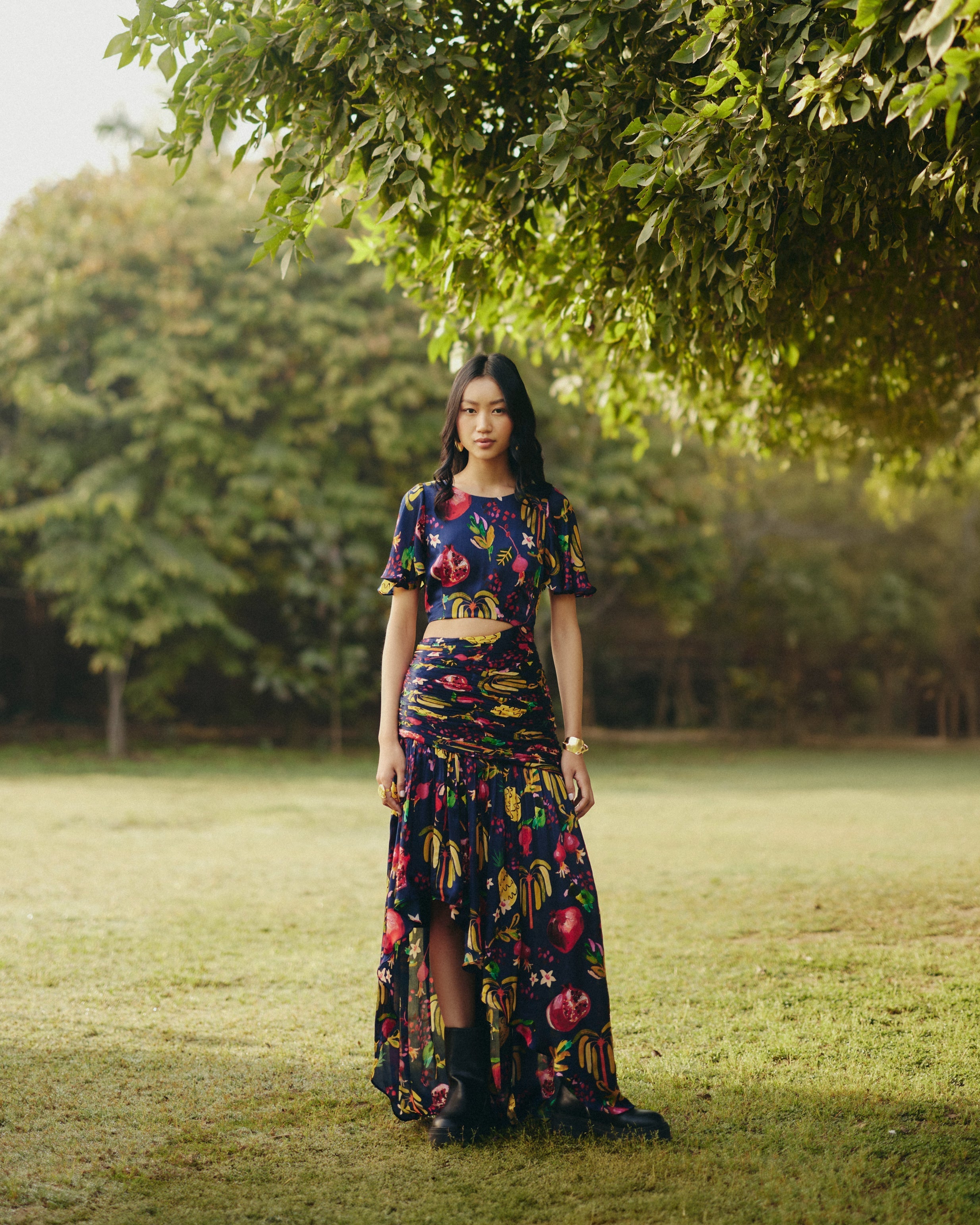 Satin Chiffon Pine Maxi Dress at Kamakhyaa by Ewoke. This item is Bemberg, blue maxi dress, Holiday wear, maxi dress, Missing image, Navy, Nostalgia's Thread by Ewoke, printed dress, Satin Chiffon, summer dress, sustainable fashion