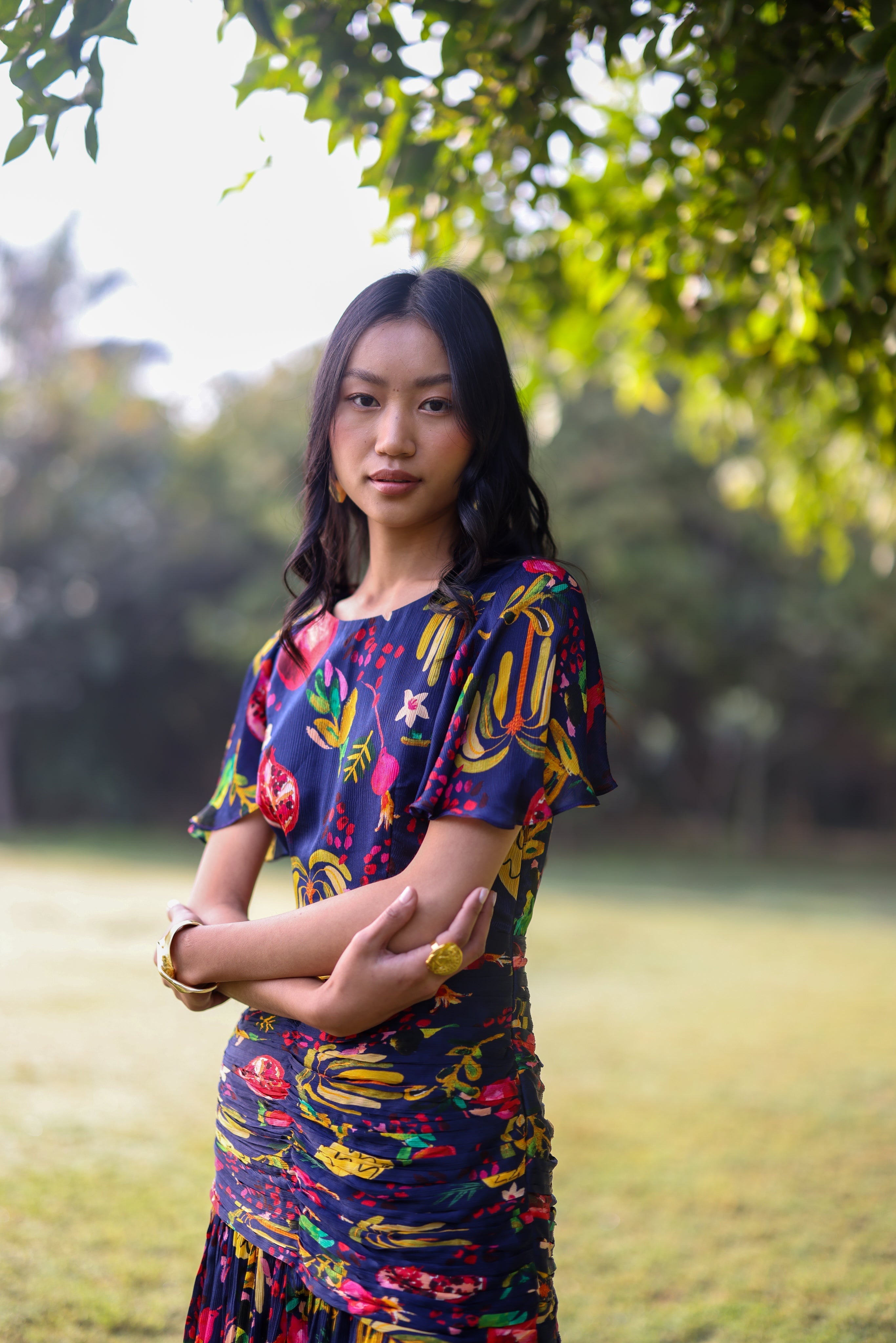 Satin Chiffon Pine Maxi Dress at Kamakhyaa by Ewoke. This item is Bemberg, blue maxi dress, Holiday wear, maxi dress, Missing image, Navy, Nostalgia's Thread by Ewoke, printed dress, Satin Chiffon, summer dress, sustainable fashion