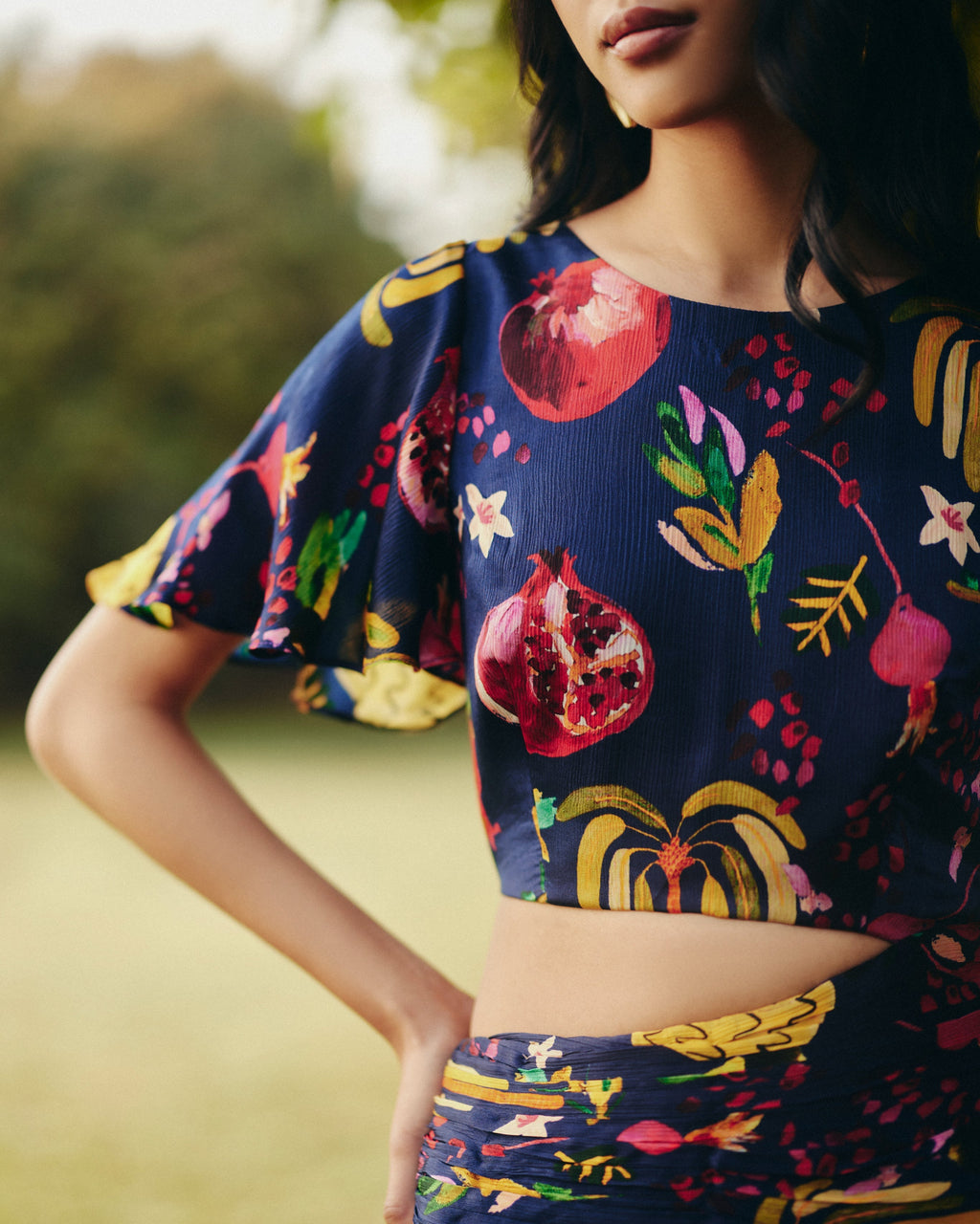 Satin Chiffon Pine Maxi Dress at Kamakhyaa by Ewoke. This item is Bemberg, blue maxi dress, Holiday wear, maxi dress, Missing image, Navy, Nostalgia's Thread by Ewoke, printed dress, Satin Chiffon, summer dress, sustainable fashion