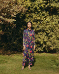 Satin Pine Embroidered Co-ord Set at Kamakhyaa by Ewoke. This item is aline dress, coord set, Holiday wear, Navy, Nostalgia's Thread by Ewoke, printed coord set, Satin, sustainable fashion, Under $200, womens coord set