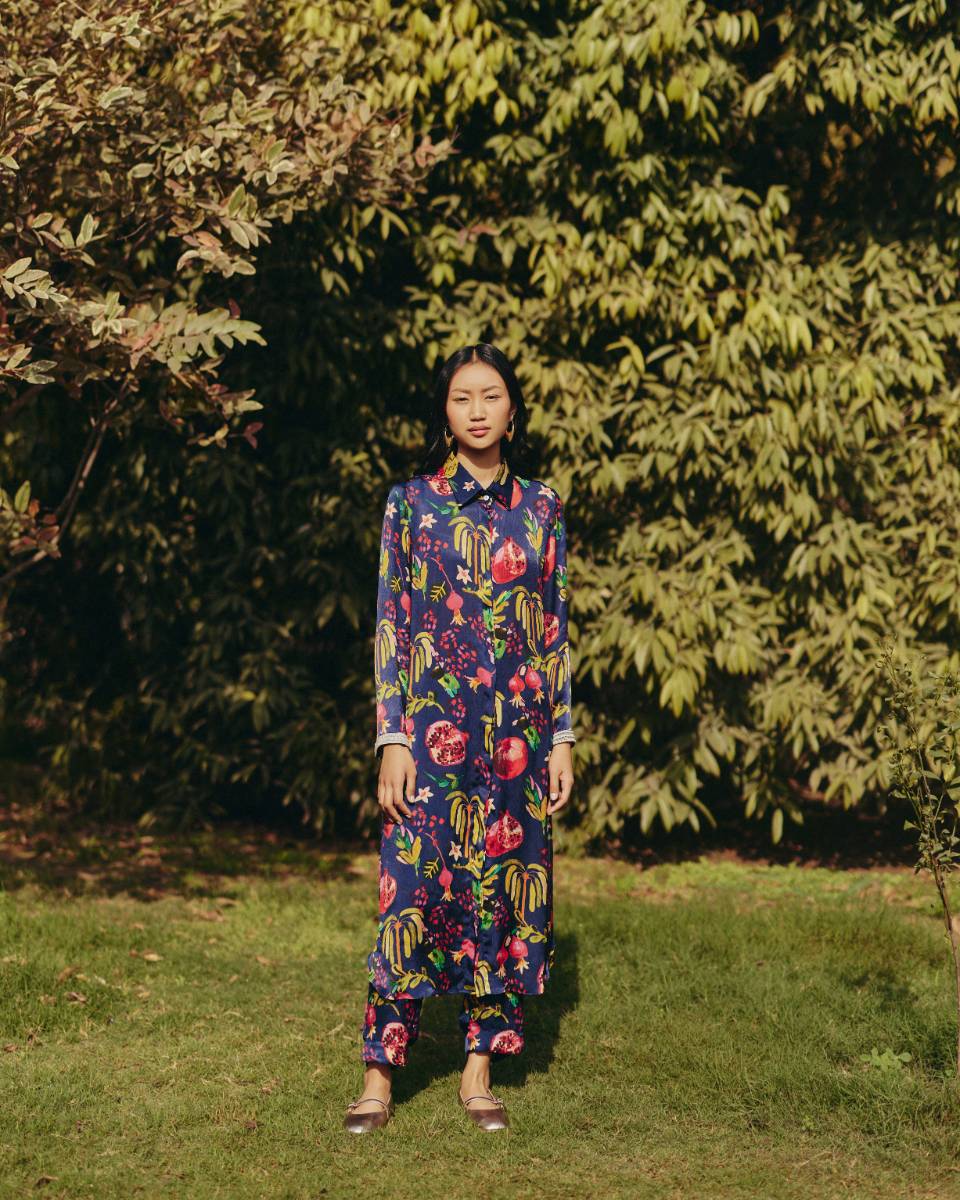 Satin Pine Embroidered Co-ord Set at Kamakhyaa by Ewoke. This item is aline dress, coord set, Holiday wear, Navy, Nostalgia's Thread by Ewoke, printed coord set, Satin, sustainable fashion, Under $200, womens coord set