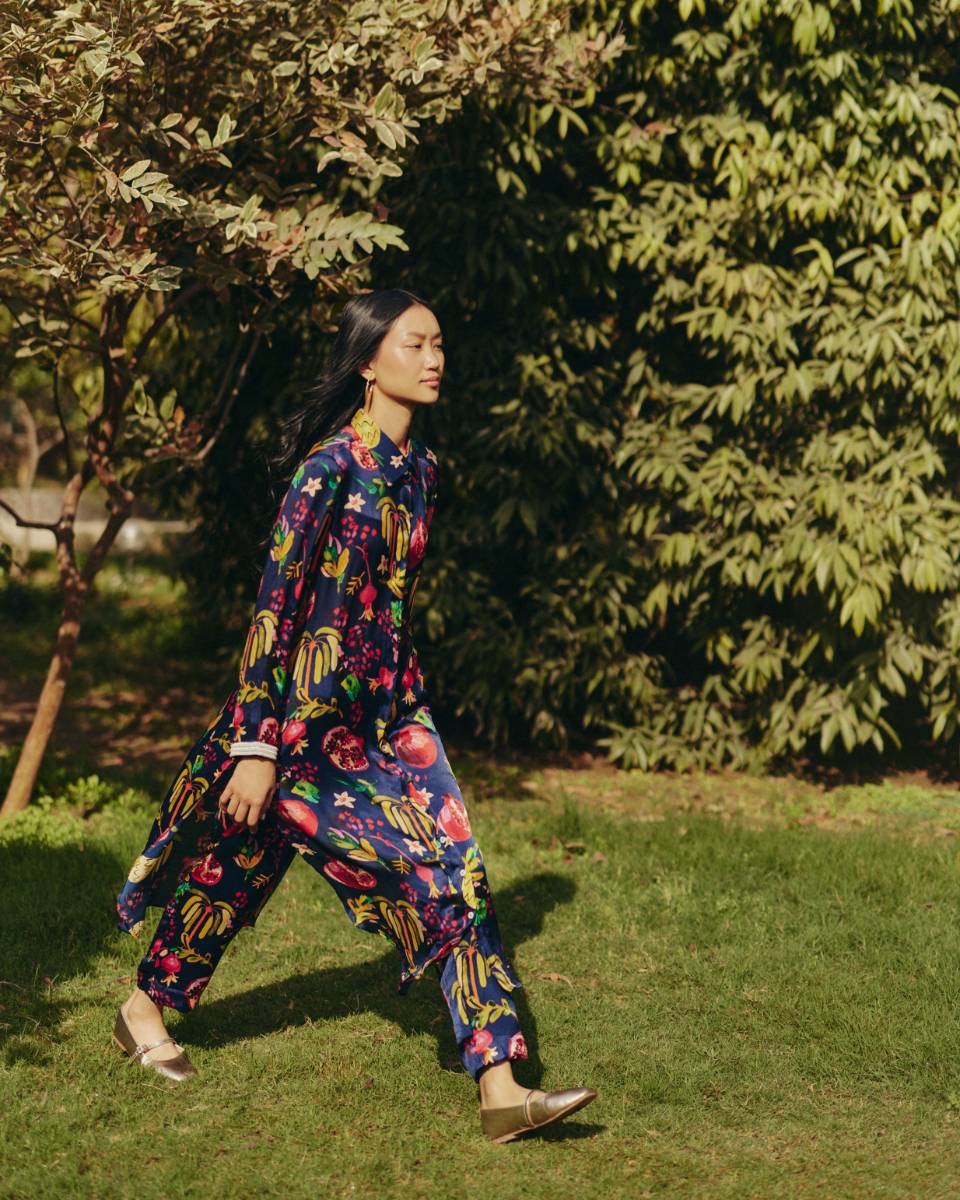 Satin Pine Embroidered Co-ord Set at Kamakhyaa by Ewoke. This item is aline dress, coord set, Holiday wear, Navy, Nostalgia's Thread by Ewoke, printed coord set, Satin, sustainable fashion, Under $200, womens coord set