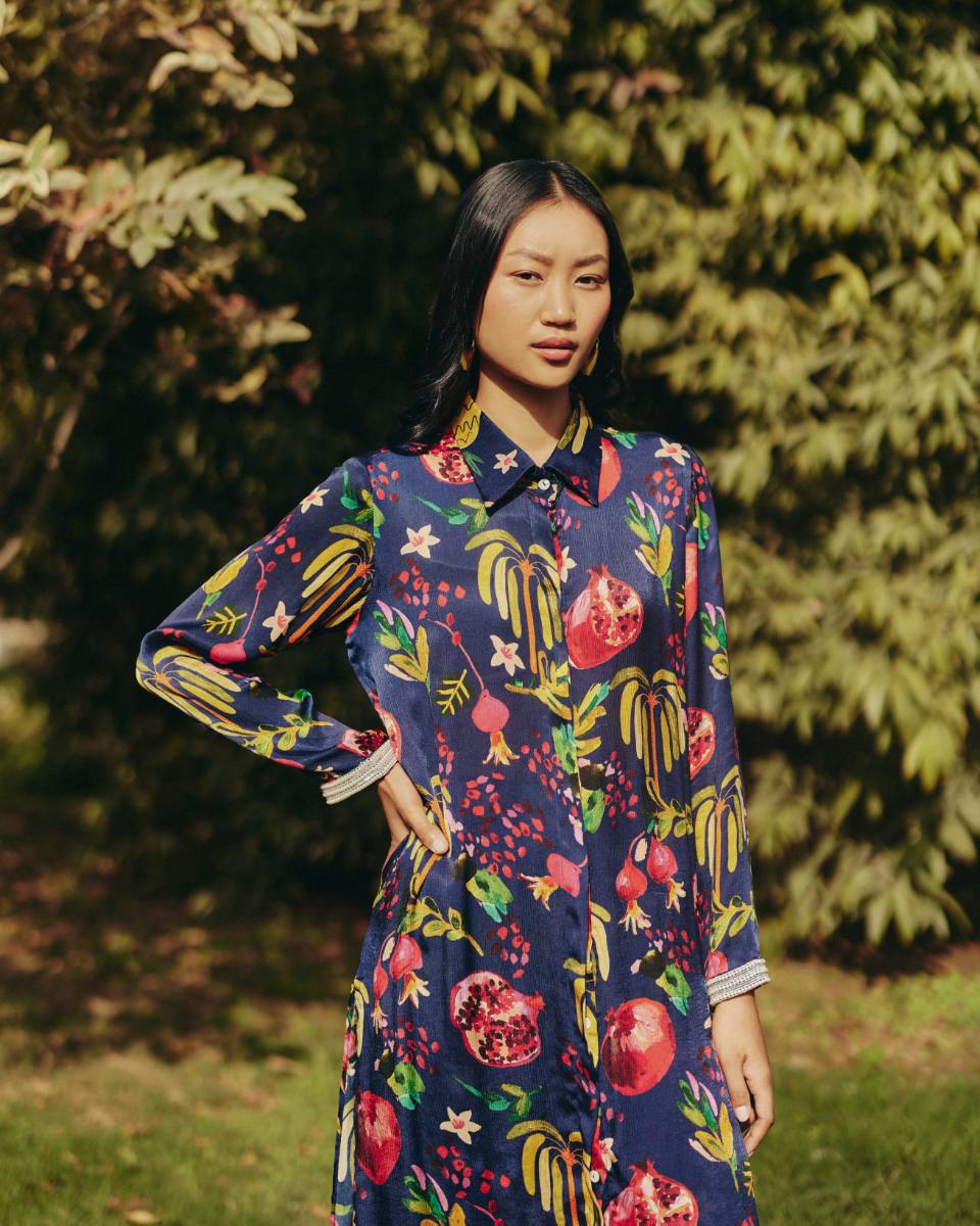 Satin Pine Embroidered Co-ord Set at Kamakhyaa by Ewoke. This item is aline dress, coord set, Holiday wear, Navy, Nostalgia's Thread by Ewoke, printed coord set, Satin, sustainable fashion, Under $200, womens coord set