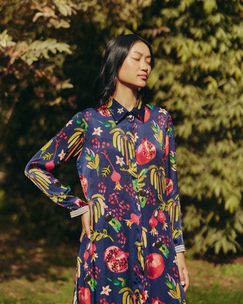 Satin Pine Embroidered Co-ord Set at Kamakhyaa by Ewoke. This item is aline dress, coord set, Holiday wear, Navy, Nostalgia's Thread by Ewoke, printed coord set, Satin, sustainable fashion, Under $200, womens coord set