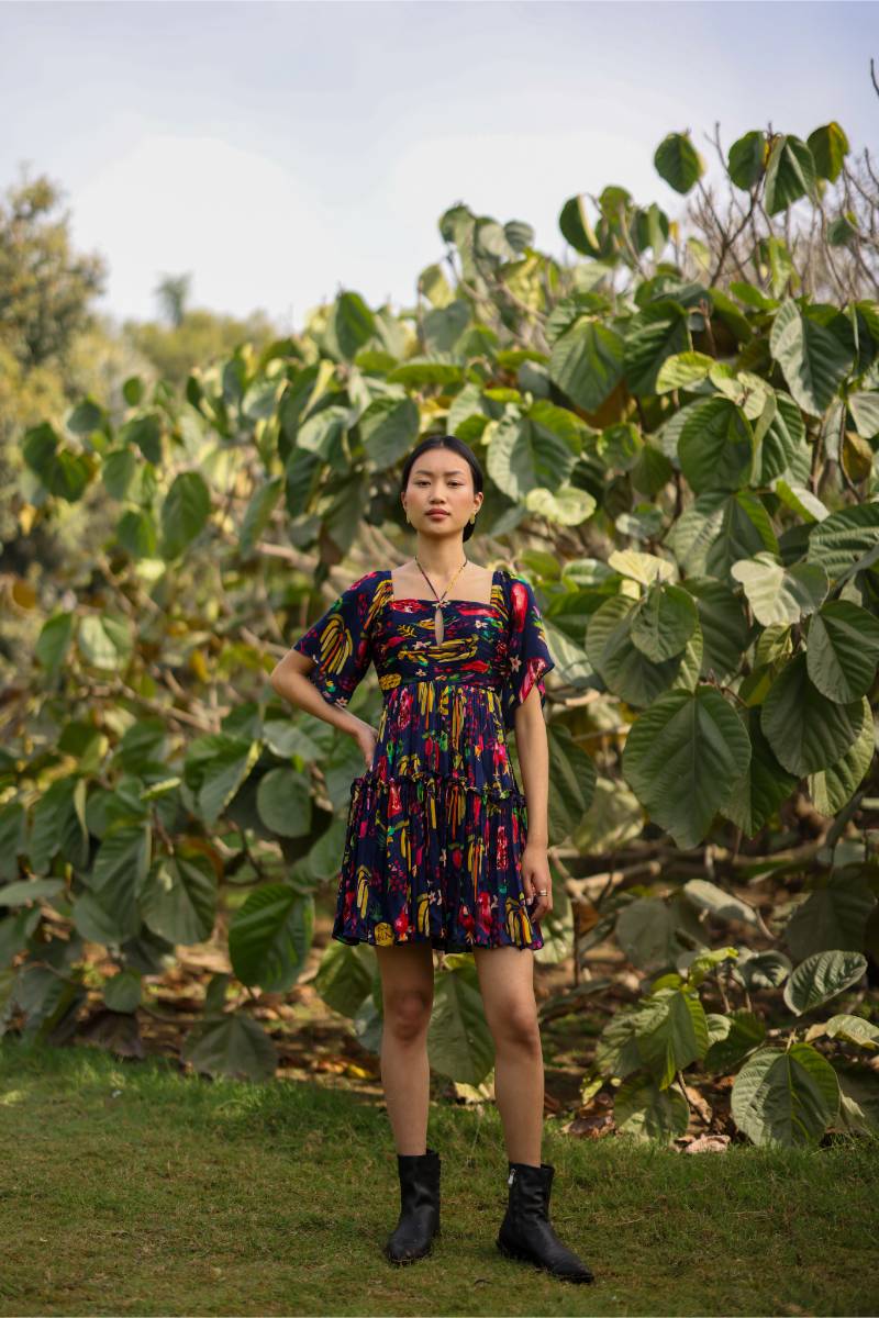 Satin Pine Mini Dress at Kamakhyaa by Ewoke. This item is A-line Dress, aline dress, Holiday wear, knee length dress, Navy, Nostalgia's Thread by Ewoke, Satin, summer dress, sustainable fashion, Under $200