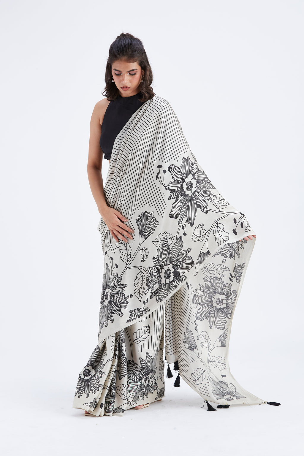 Savana Modal Saree at Kamakhyaa by Hasttvam. This item is Ete by Hasttvam, Floral Prints, Hand Printed, Modal, Under $50, Wedding Wear, Womenswear