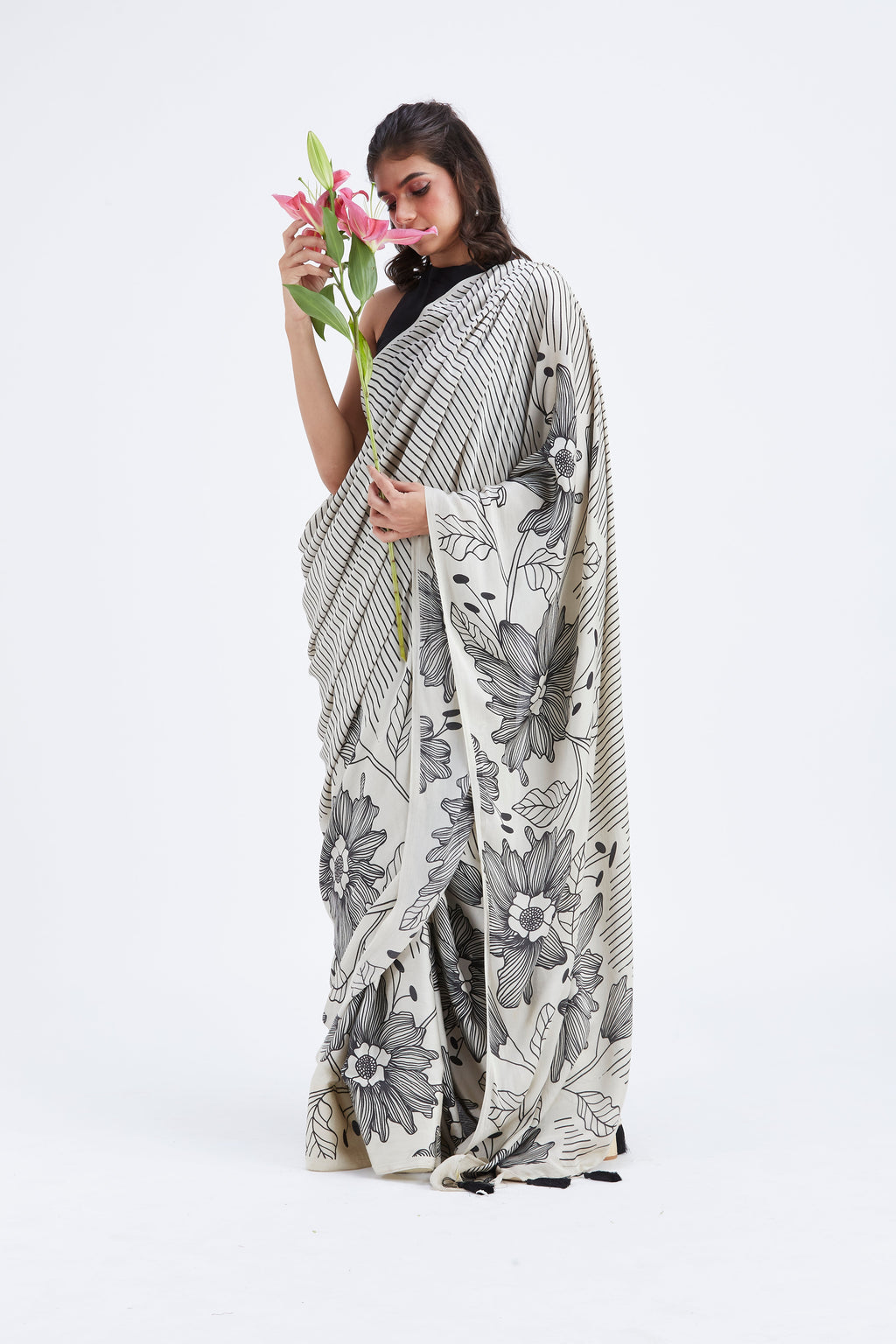 Savana Modal Saree at Kamakhyaa by Hasttvam. This item is Ete by Hasttvam, Floral Prints, Hand Printed, Modal, Under $50, Wedding Wear, Womenswear