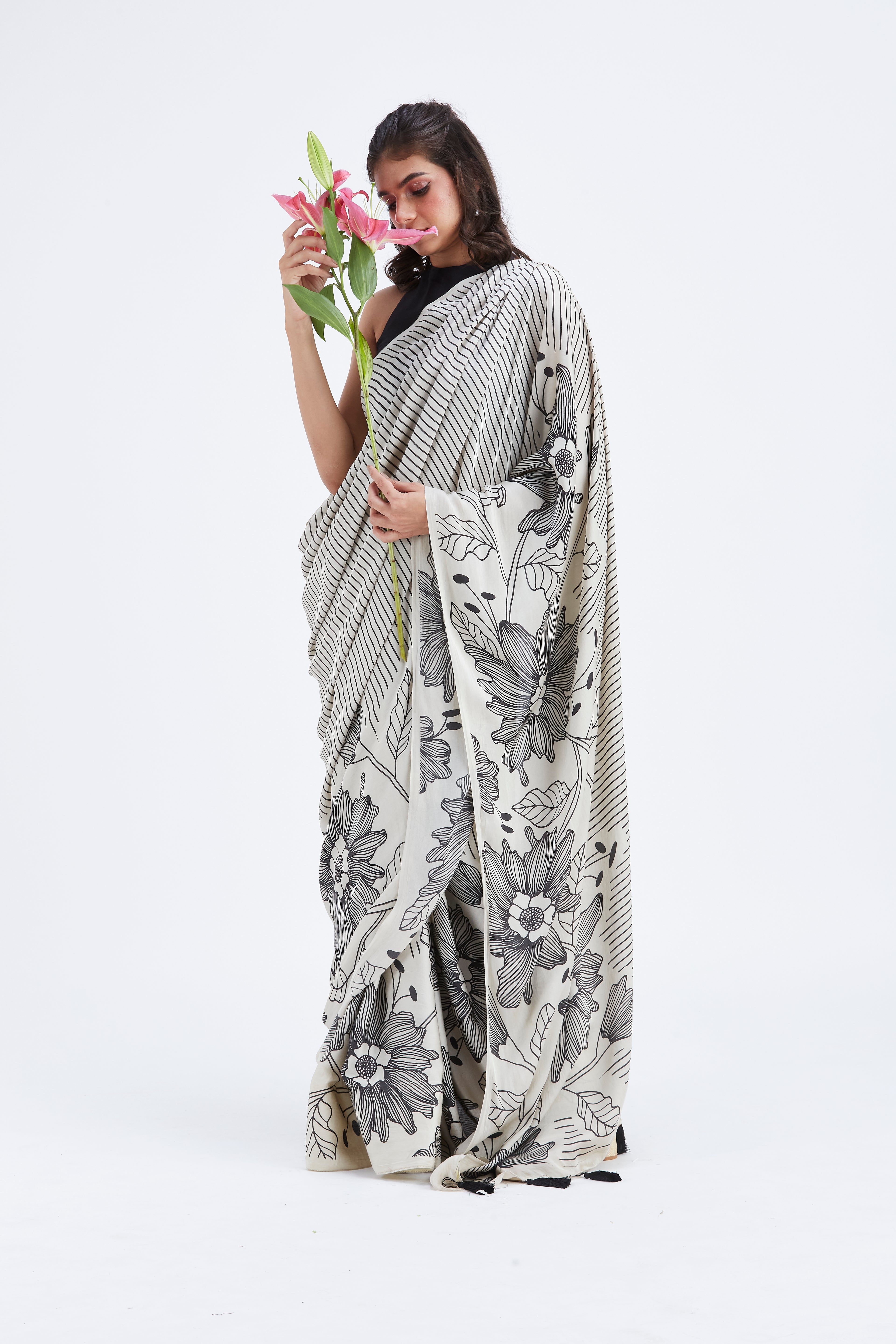 Savana Modal Saree at Kamakhyaa by Hasttvam. This item is Ete by Hasttvam, Floral Prints, Hand Printed, Modal, Under $50, Wedding Wear, Womenswear