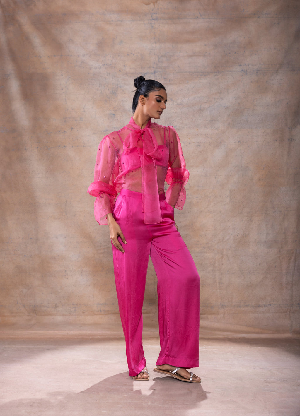 Scarf Collar Organza Shirt Set at Kamakhyaa by Akashi Clothing. This item is Co-ord Sets, Evening Wear, Hand Embroidered, Modal Satin, Organza, Party Wear, Party Wear Co-ord Sets, Pink, Relaxed Fit, Resort Wear, Vacation Co-ord Sets, Vacation Wear, Womenswear, Zaira by Akashi Clothing