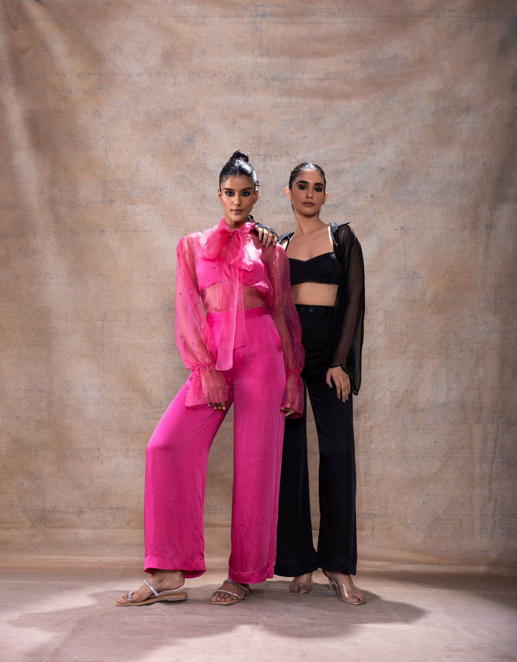 Scarf Collar Organza Shirt Set at Kamakhyaa by Akashi Clothing. This item is Co-ord Sets, Evening Wear, Hand Embroidered, Modal Satin, Organza, Party Wear, Party Wear Co-ord Sets, Pink, Relaxed Fit, Resort Wear, Vacation Co-ord Sets, Vacation Wear, Womenswear, Zaira by Akashi Clothing