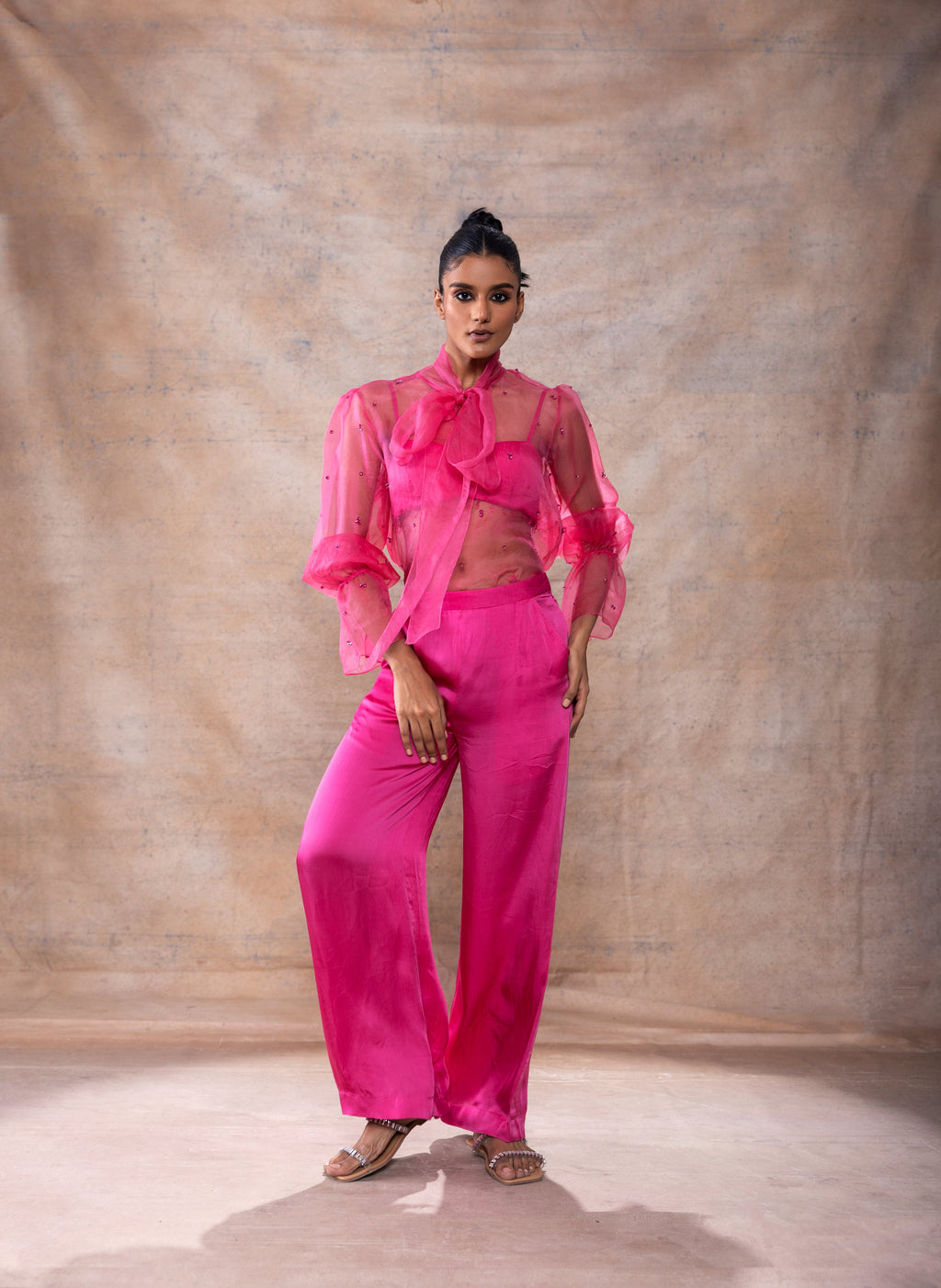 Scarf Collar Organza Shirt Set at Kamakhyaa by Akashi Clothing. This item is Co-ord Sets, Evening Wear, Hand Embroidered, Modal Satin, Organza, Party Wear, Party Wear Co-ord Sets, Pink, Relaxed Fit, Resort Wear, Vacation Co-ord Sets, Vacation Wear, Womenswear, Zaira by Akashi Clothing