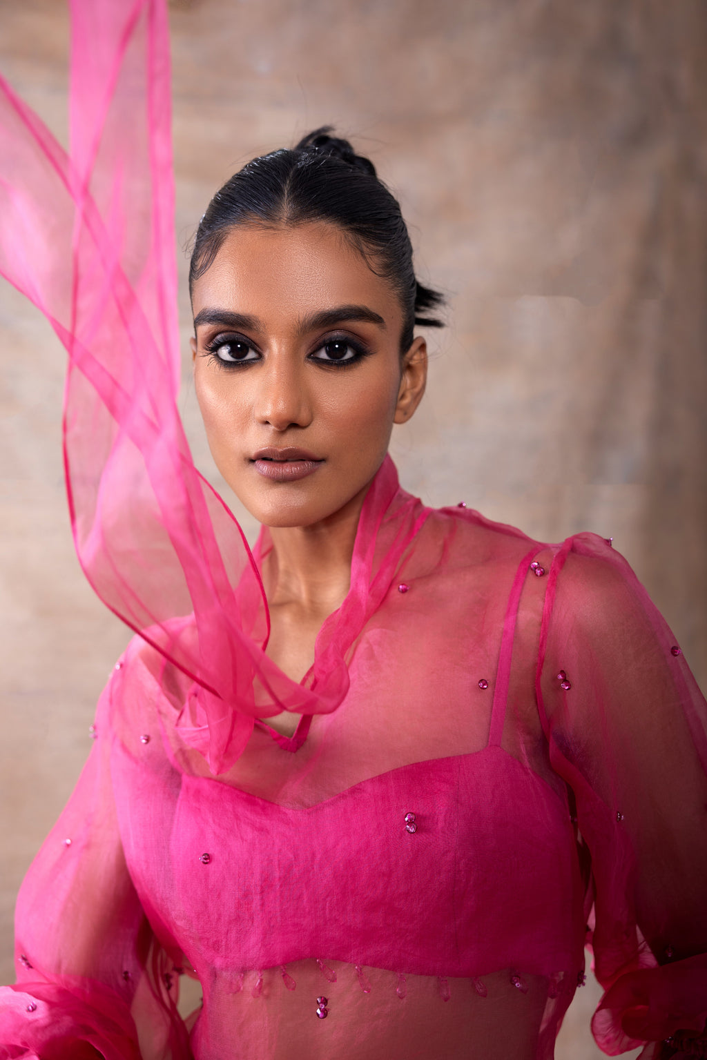 Scarf Collar Organza Shirt Set at Kamakhyaa by Akashi Clothing. This item is Co-ord Sets, Evening Wear, Hand Embroidered, Modal Satin, Organza, Party Wear, Party Wear Co-ord Sets, Pink, Relaxed Fit, Resort Wear, Vacation Co-ord Sets, Vacation Wear, Womenswear, Zaira by Akashi Clothing