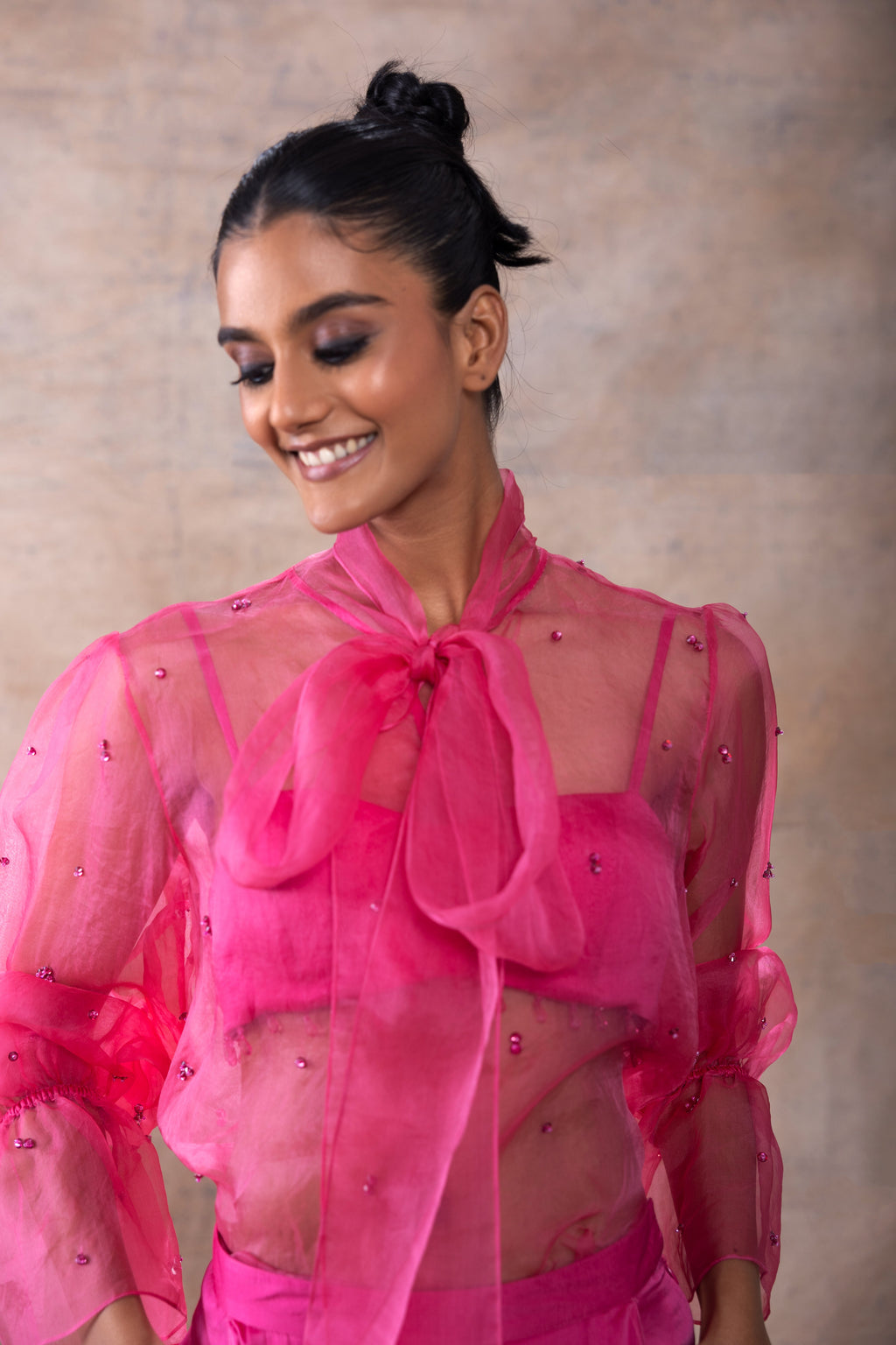Scarf Collar Organza Shirt Set at Kamakhyaa by Akashi Clothing. This item is Co-ord Sets, Evening Wear, Hand Embroidered, Modal Satin, Organza, Party Wear, Party Wear Co-ord Sets, Pink, Relaxed Fit, Resort Wear, Vacation Co-ord Sets, Vacation Wear, Womenswear, Zaira by Akashi Clothing