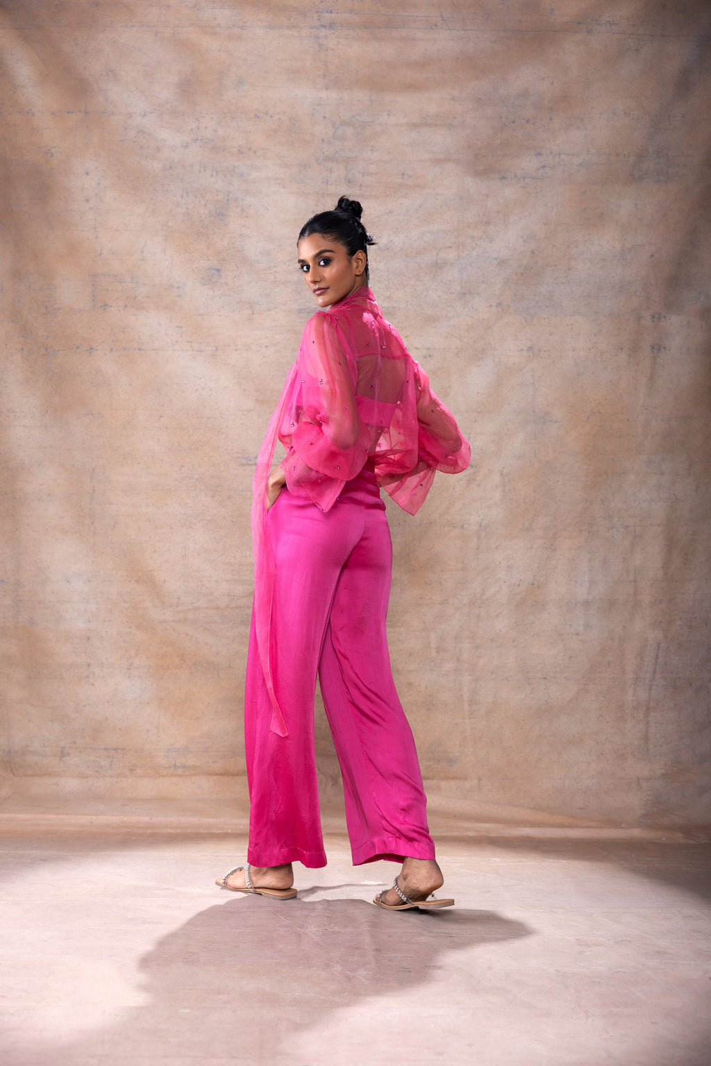 Scarf Collar Organza Shirt Set at Kamakhyaa by Akashi Clothing. This item is Co-ord Sets, Evening Wear, Hand Embroidered, Modal Satin, Organza, Party Wear, Party Wear Co-ord Sets, Pink, Relaxed Fit, Resort Wear, Vacation Co-ord Sets, Vacation Wear, Womenswear, Zaira by Akashi Clothing