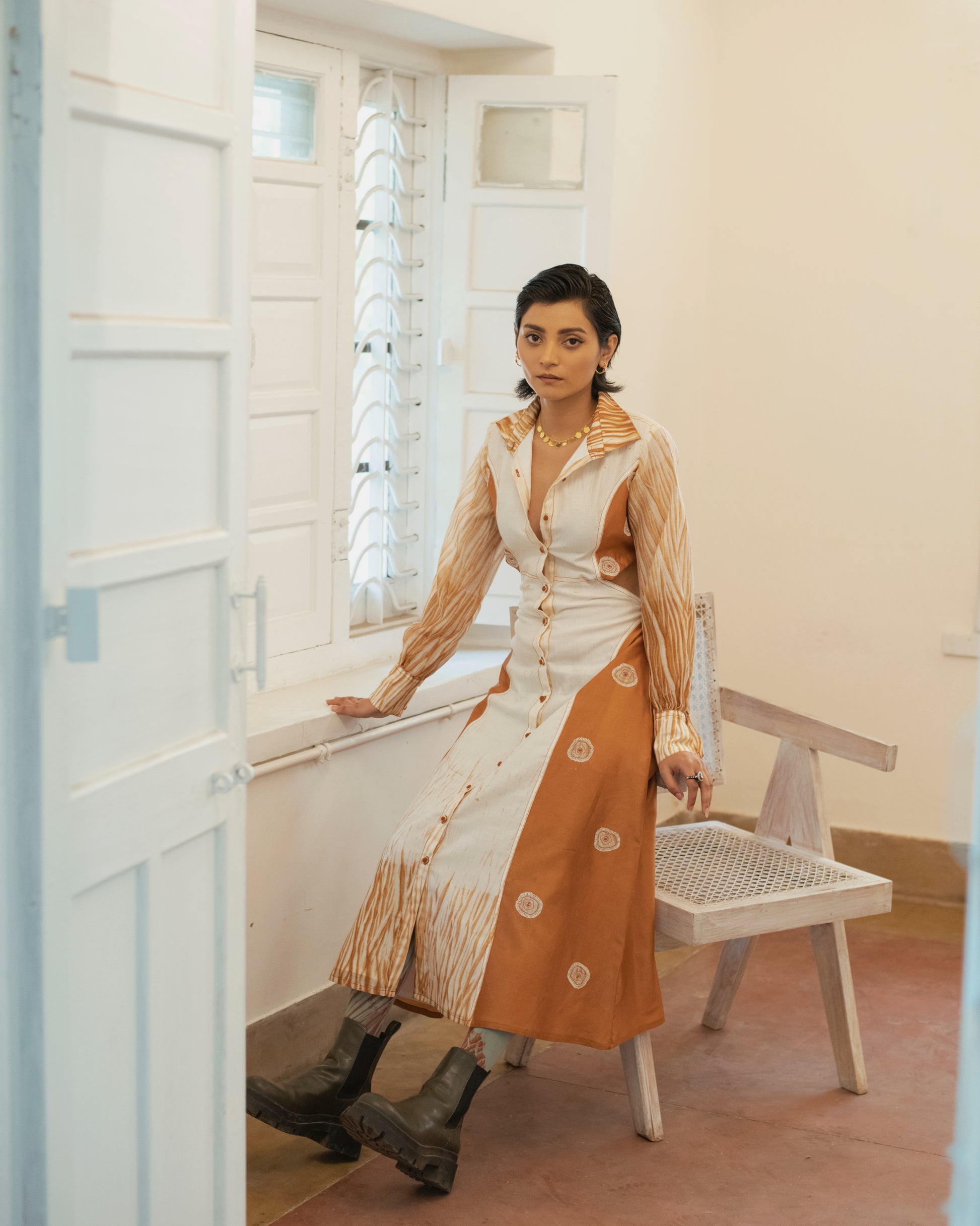 Sepia Paradise at Kamakhyaa by The Loom Art. This item is Casual Wear, Embroidered, Handwoven Chanderi Silk, July Sale, July Sale 2023, Lucid Dreams, Luicid Dream, Organic, Shirt Dresses, Womenswear, Yellow