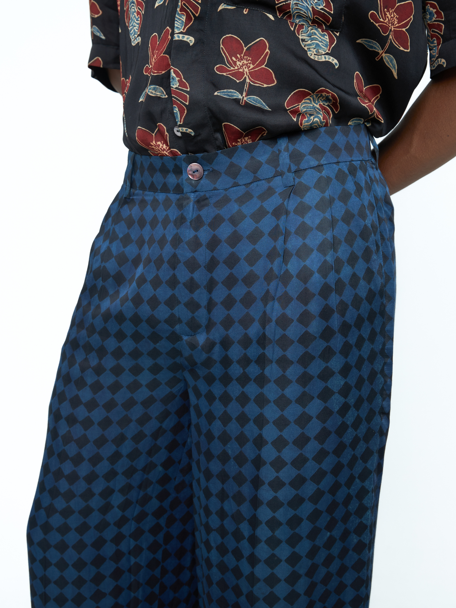 Shadow Pleat Pants at Kamakhyaa by Anushé Pirani. This item is Bloom After Dark by Anushe Pirani, Menswear, Midnight Blueprint, Pants, Under $50