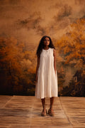 Shibui Stripe Ruching Dress at Kamakhyaa by Ahmev. This item is Cotton, Dress, Ivory, Maximum Minimum by Ahmev, Relaxed Fit, Striped, Womenswear