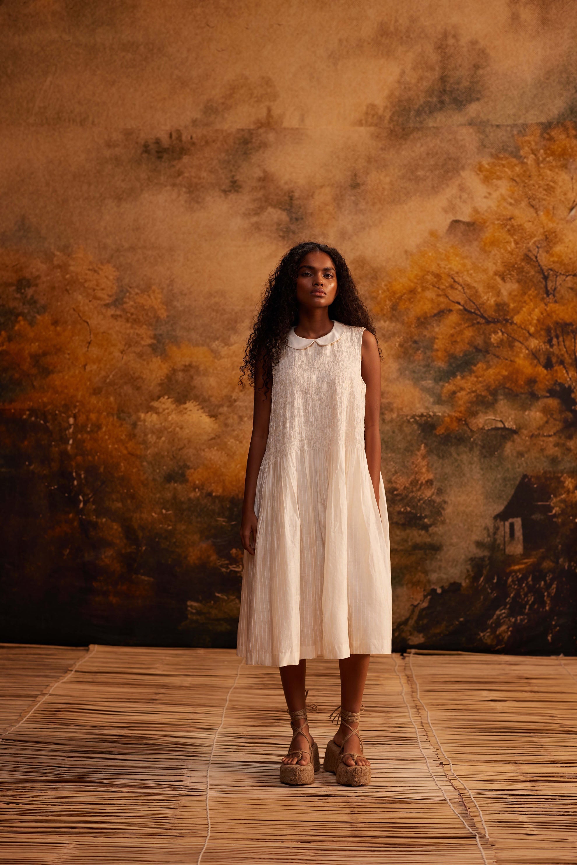 Shibui Stripe Ruching Dress at Kamakhyaa by Ahmev. This item is Cotton, Dress, Ivory, Maximum Minimum by Ahmev, Relaxed Fit, Striped, Womenswear