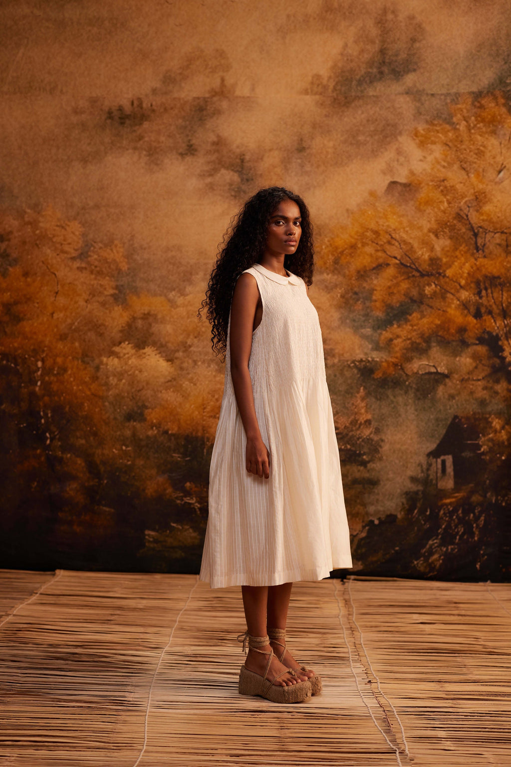 Shibui Stripe Ruching Dress at Kamakhyaa by Ahmev. This item is Cotton, Dress, Ivory, Maximum Minimum by Ahmev, Relaxed Fit, Striped, Womenswear