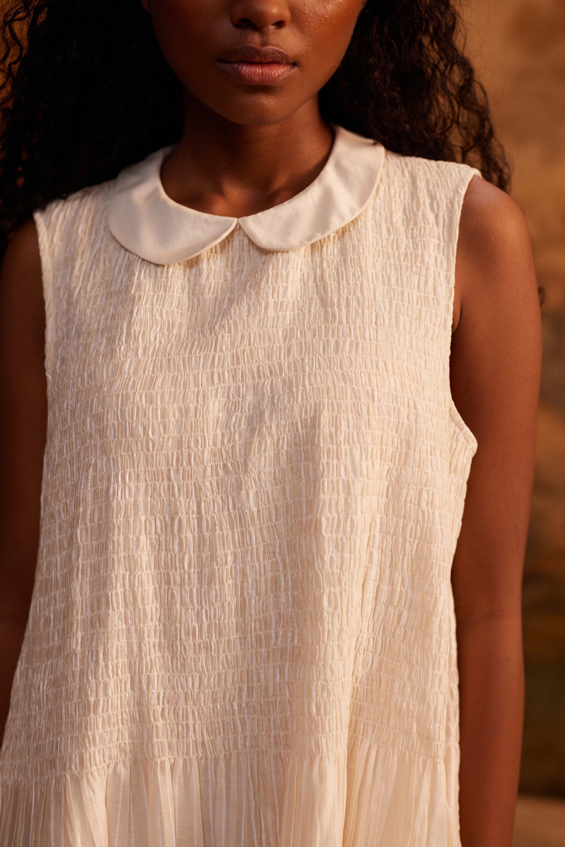 Shibui Stripe Ruching Dress at Kamakhyaa by Ahmev. This item is Cotton, Dress, Ivory, Maximum Minimum by Ahmev, Relaxed Fit, Striped, Womenswear