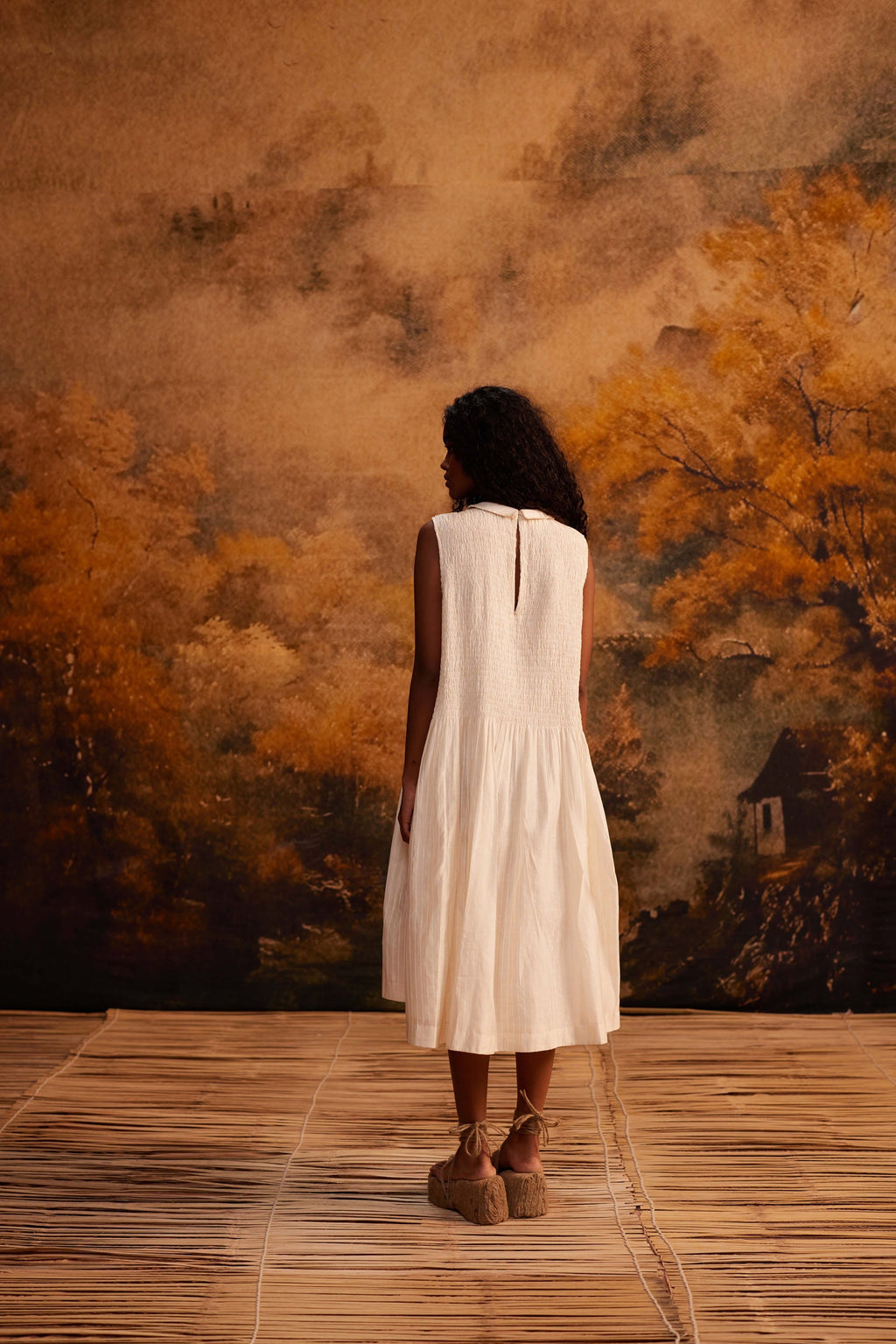 Shibui Stripe Ruching Dress at Kamakhyaa by Ahmev. This item is Cotton, Dress, Ivory, Maximum Minimum by Ahmev, Relaxed Fit, Striped, Womenswear