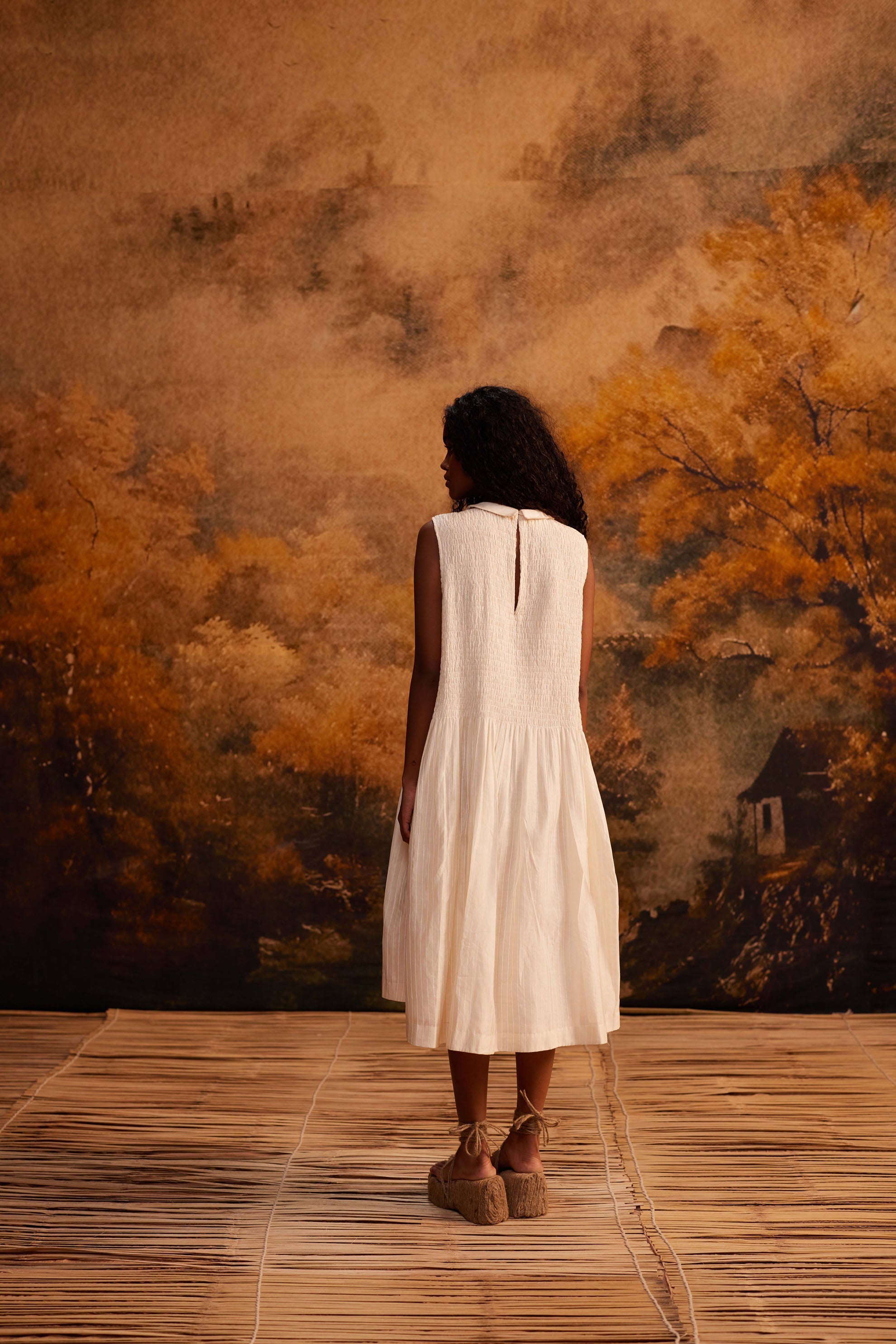 Shibui Stripe Ruching Dress at Kamakhyaa by Ahmev. This item is Cotton, Dress, Ivory, Maximum Minimum by Ahmev, Relaxed Fit, Striped, Womenswear