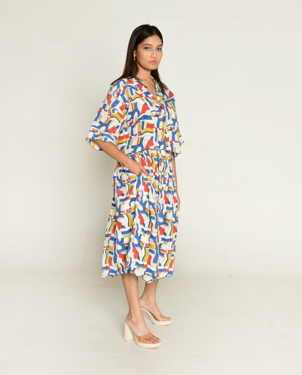 Shirt With Skirt at Kamakhyaa by Rias Jaipur. This item is Bhram by Rias Jaipur, Block Prints, Casual Wear, Linen Tencil, Multicolor, Regular Fit, Top Skirt Sets, Toxin free
