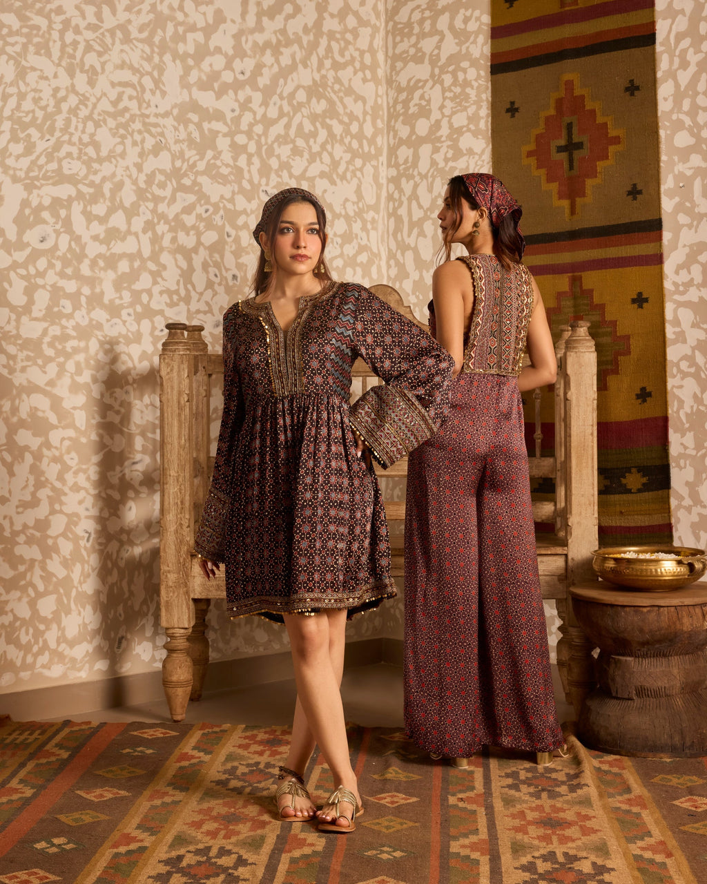 Short Dress with Bell Sleeves at Kamakhyaa by Akashi Clothing. This item is Ajrakh by Akashi Clothing