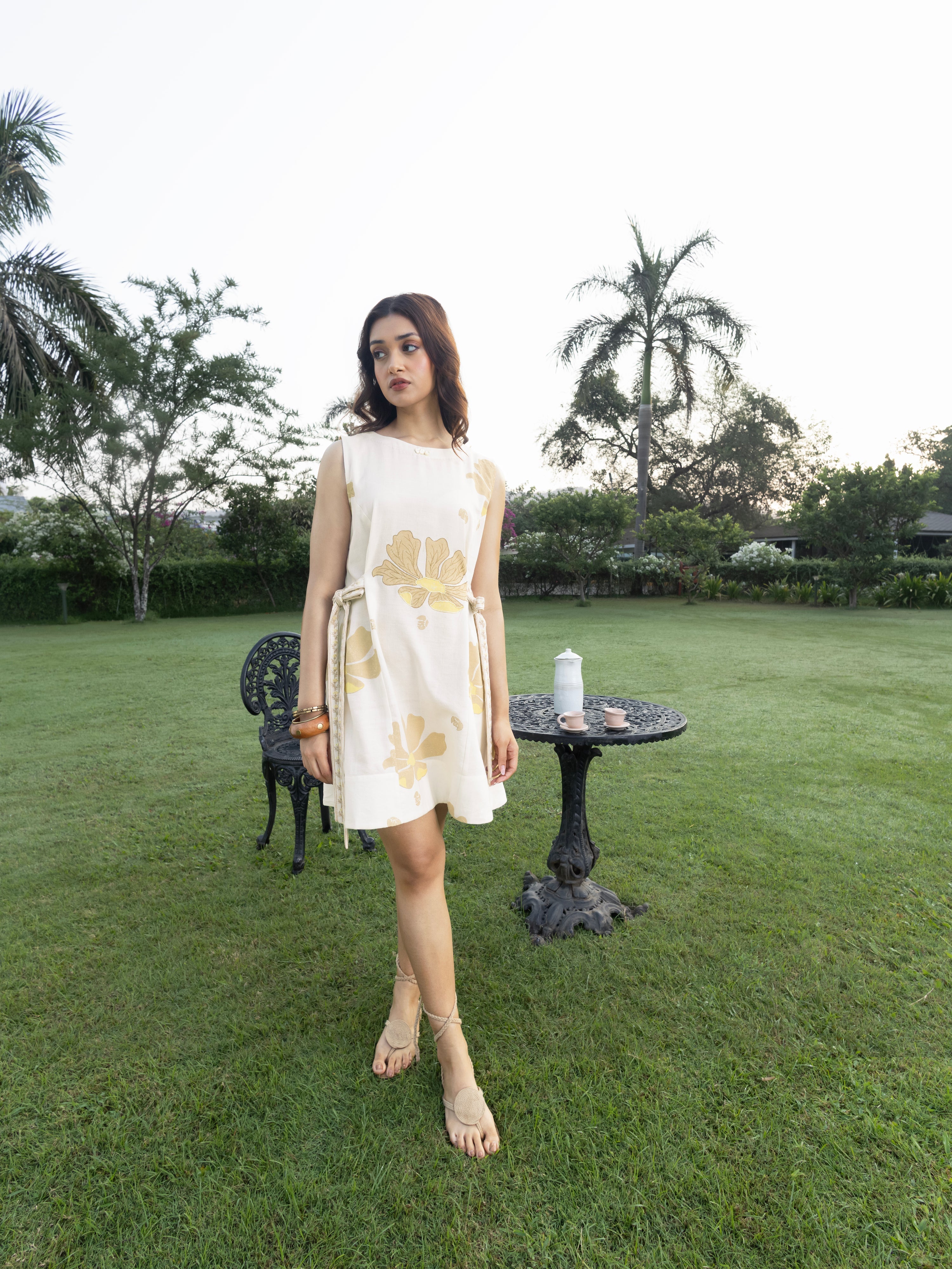 Short Dress with Side Tie-Up & Embroidery at kamakhyaa.com by Akashi Clothing. This item is Cosmos by Akashi Clothing, Internal Tags Missing, Under $150