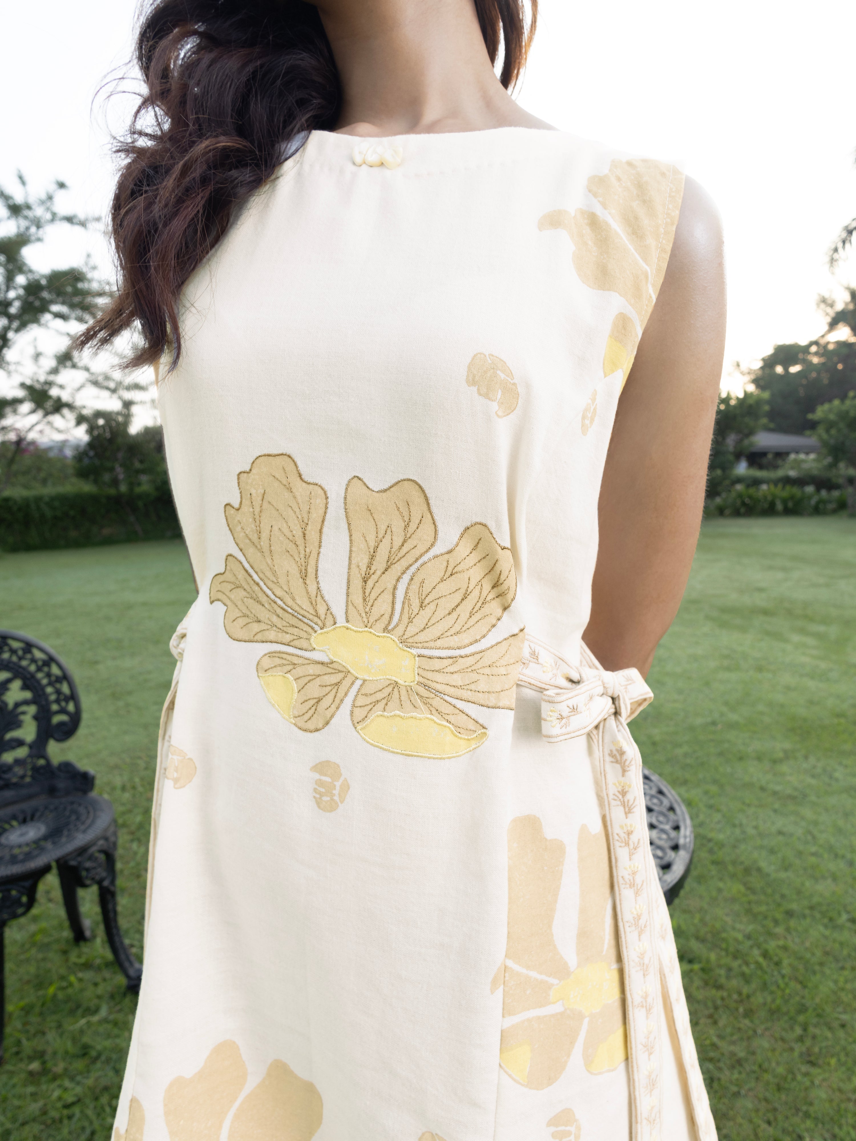 Short Dress with Side Tie-Up & Embroidery at kamakhyaa.com by Akashi Clothing. This item is Cosmos by Akashi Clothing, Internal Tags Missing, Under $150