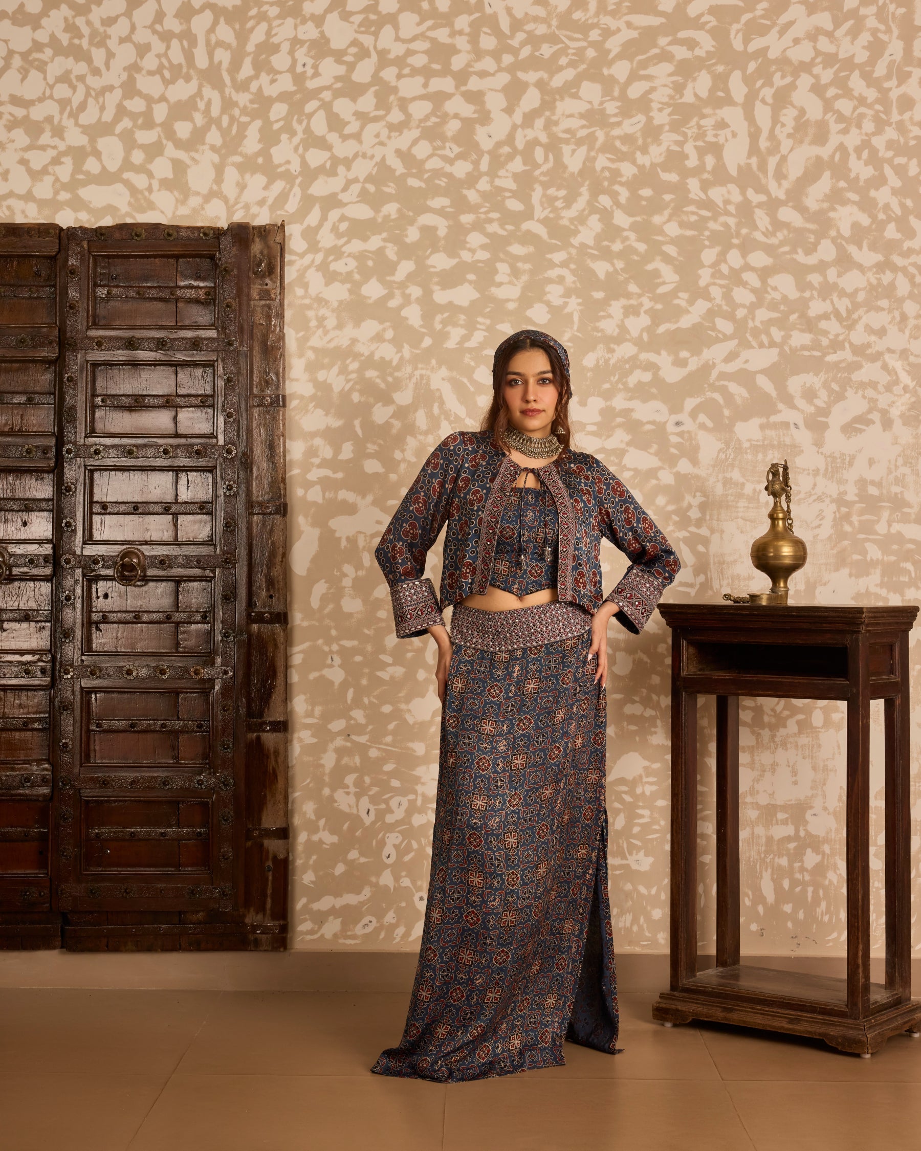 Short Jacket with Corset & Long Skirt Set at Kamakhyaa by Akashi Clothing. This item is Ajrakh by Akashi Clothing, Under $100