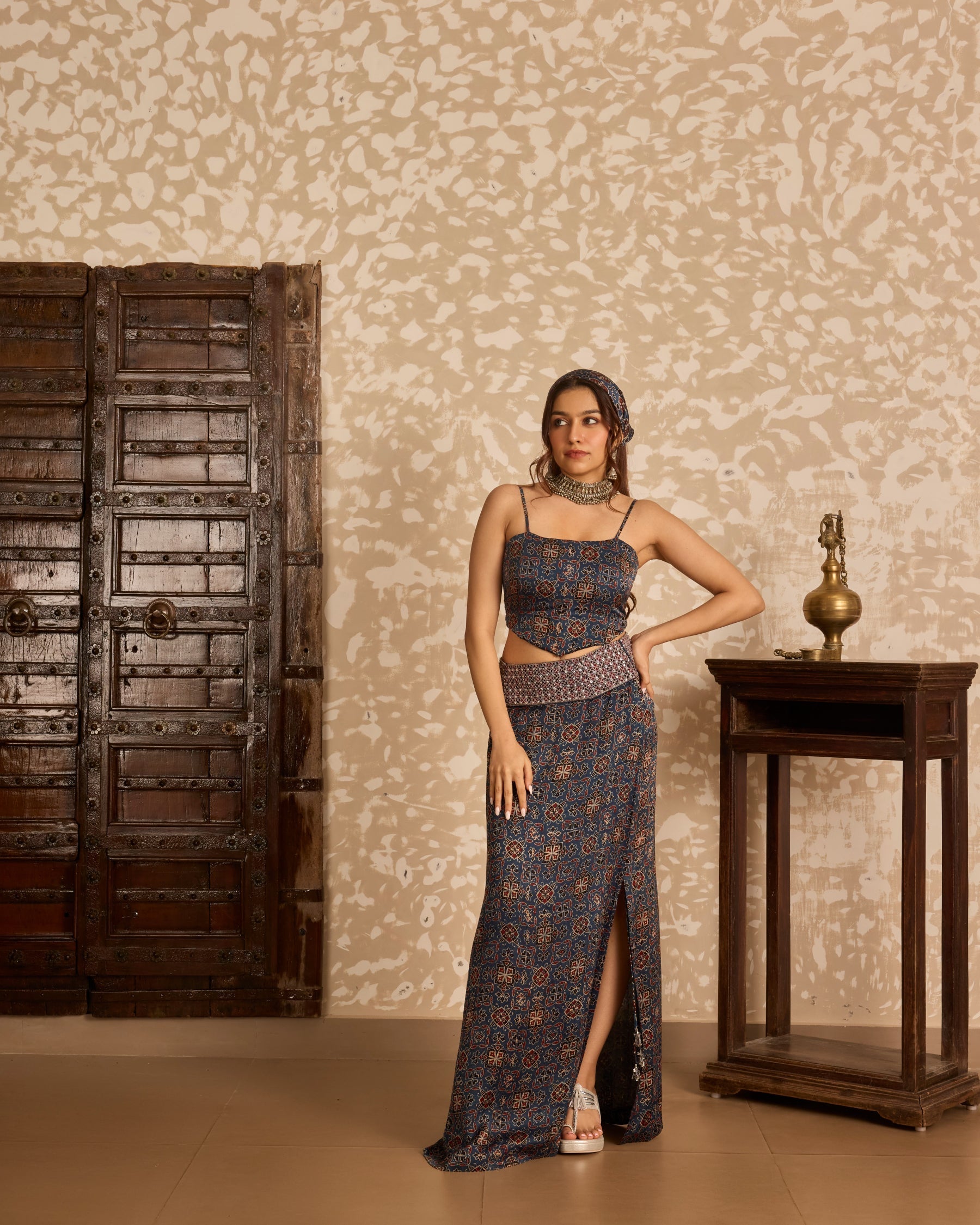 Short Jacket with Corset & Long Skirt Set at Kamakhyaa by Akashi Clothing. This item is Ajrakh by Akashi Clothing, Under $100
