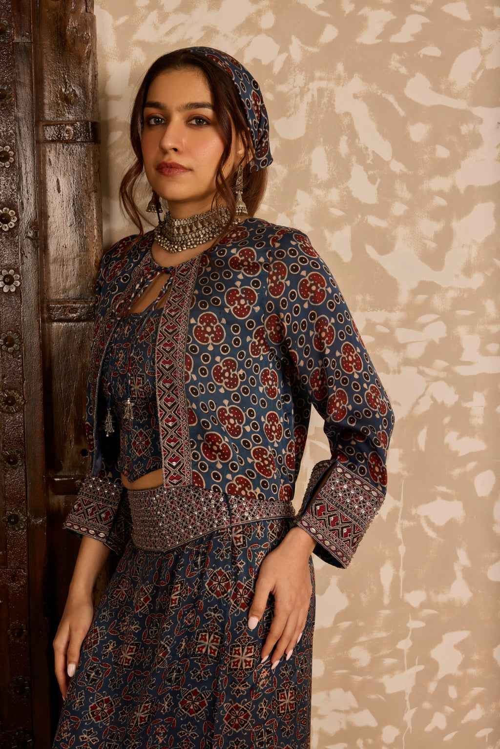 Short Jacket with Corset & Long Skirt Set at Kamakhyaa by Akashi Clothing. This item is Ajrakh by Akashi Clothing, Under $100