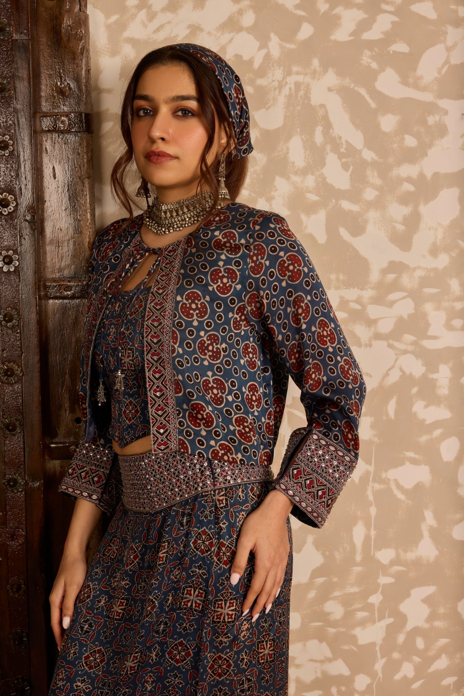 Short Jacket with Corset & Long Skirt Set at Kamakhyaa by Akashi Clothing. This item is Ajrakh by Akashi Clothing, Under $100